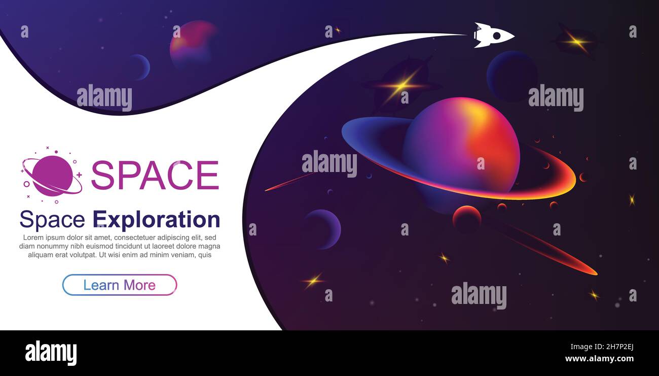 Rocket in space. Vector space background with planets and stars. Space exploration. Gradient Fluid Design. Place for text. Stock Vector