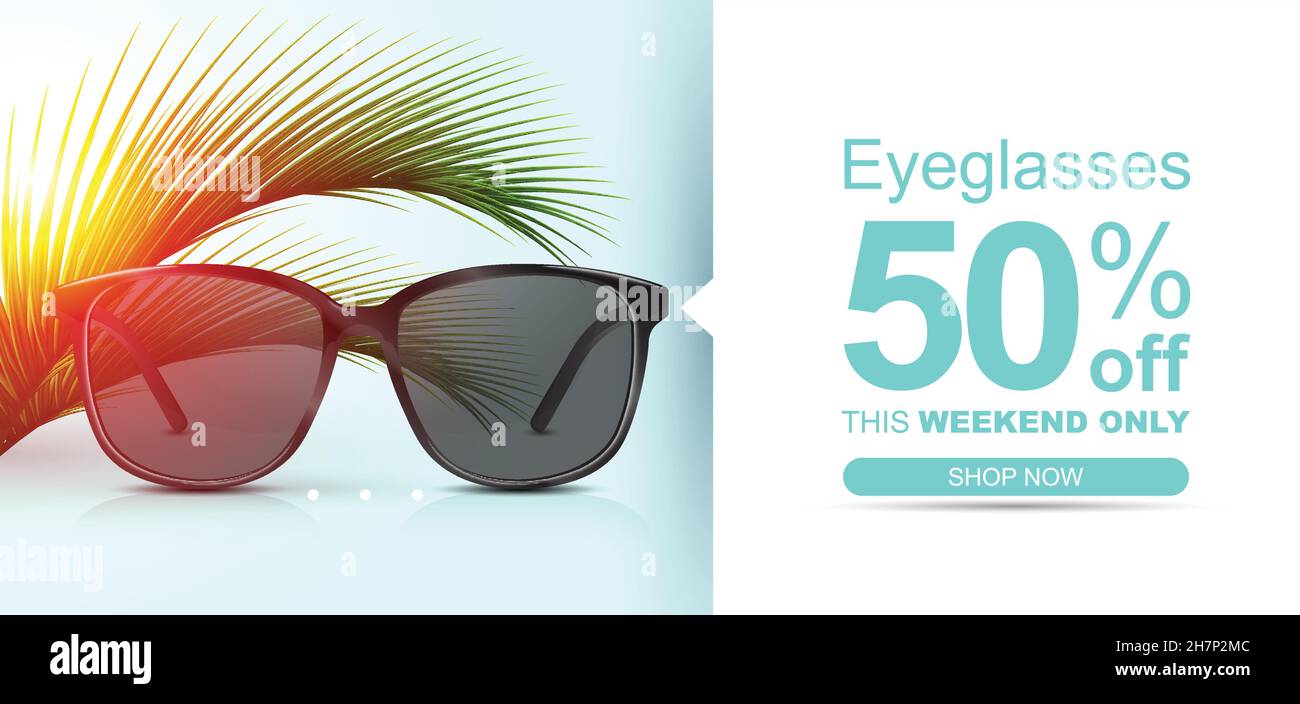 Sunglasses banner concept with palm leaves. Summer discount banner. Stock Vector