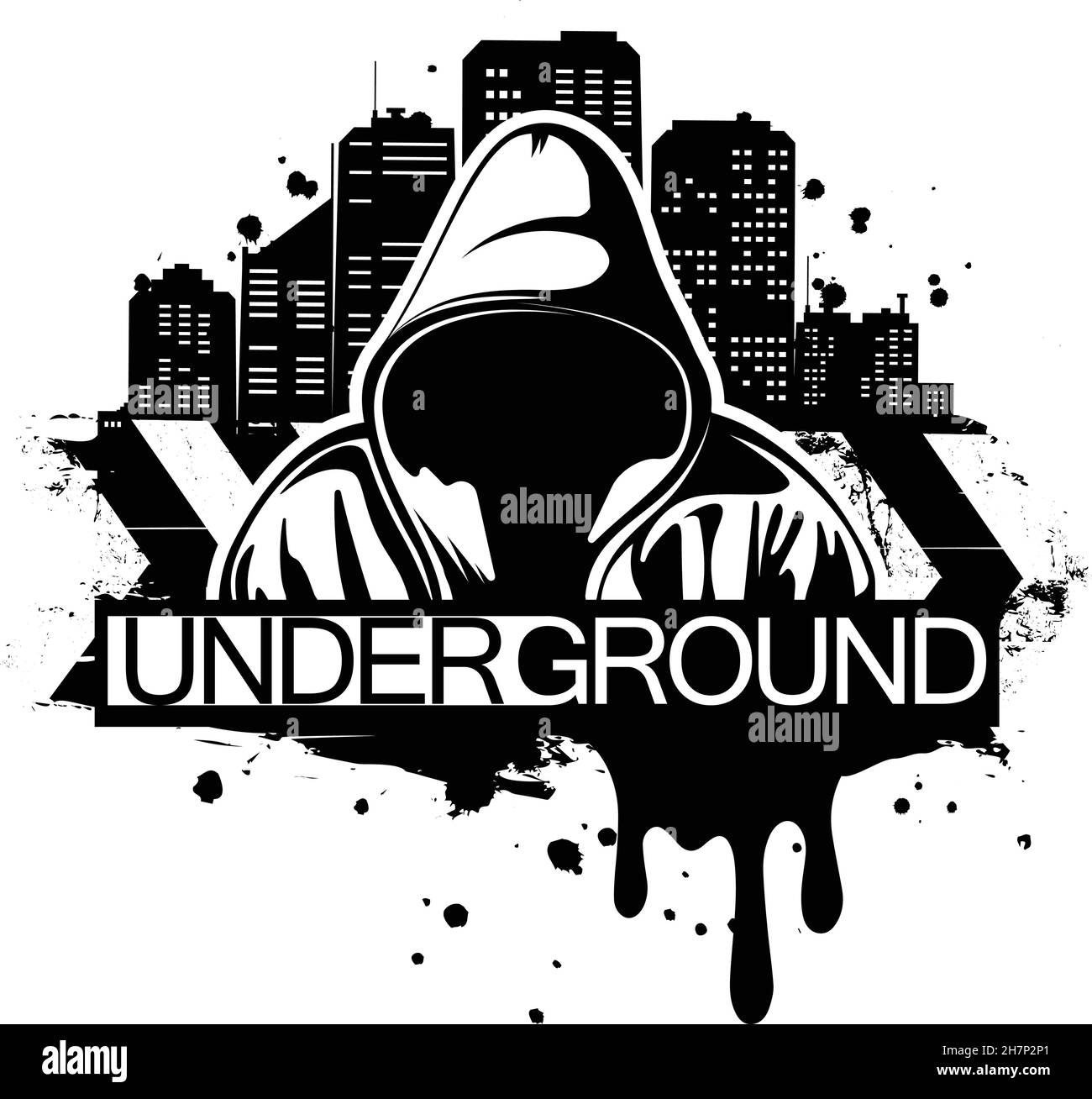 Urban style illustration of man in hoodie behind city silhouette. Street art style. T-shirt print design. Stock Vector