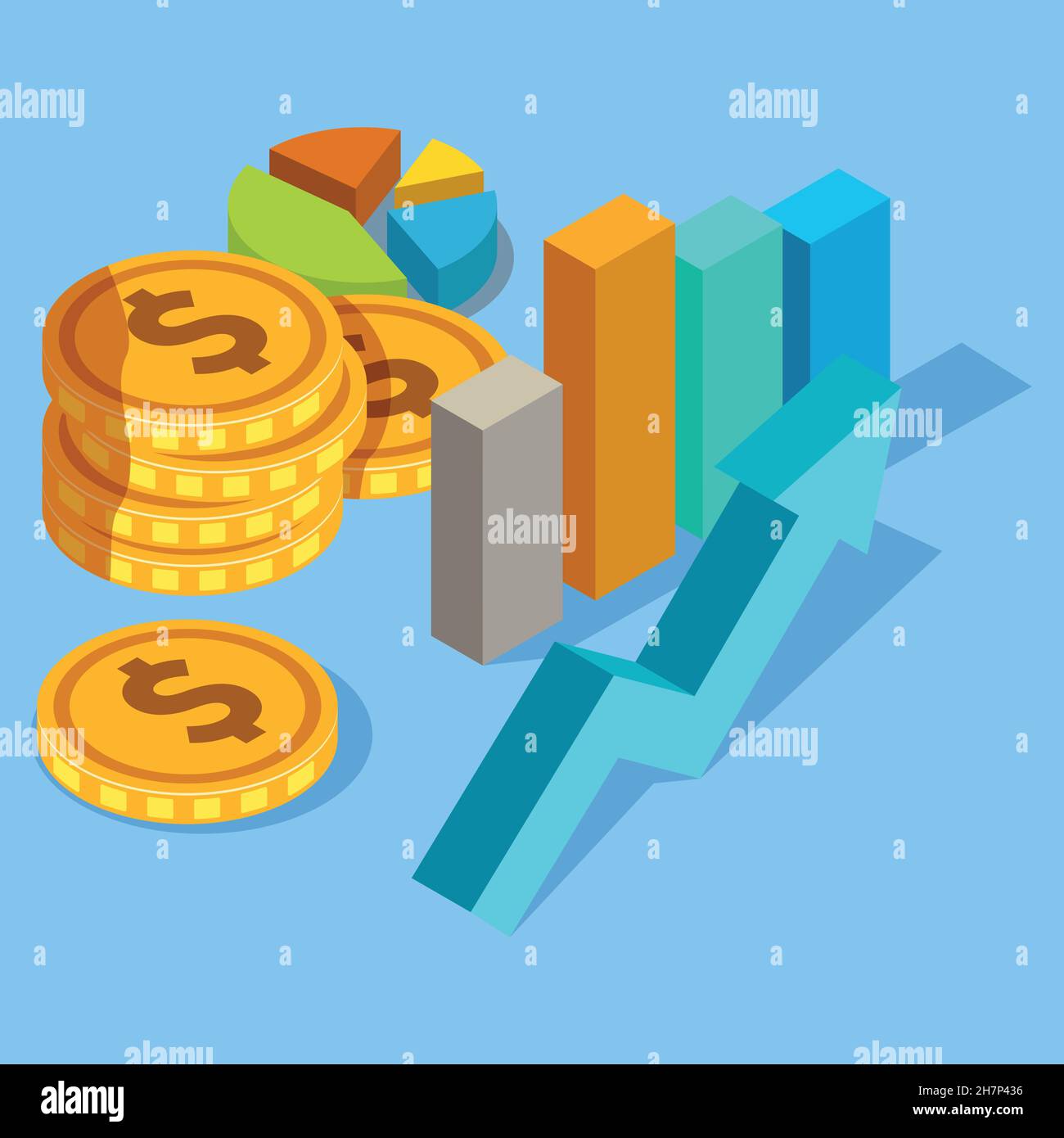 Business Illustration Money Coins Stocks And Graphs On Blue