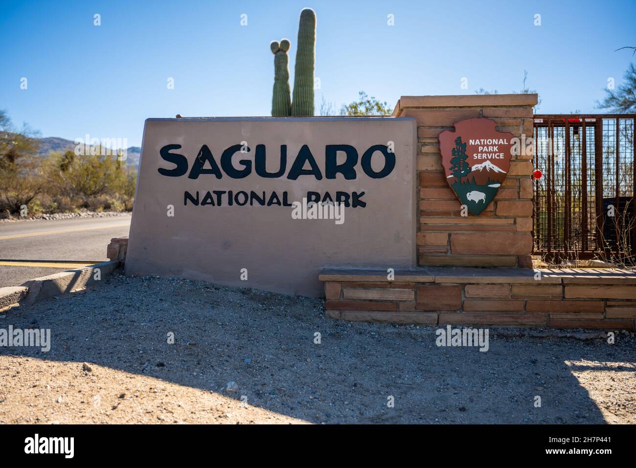 Tucson, United States: February 5, 2021: Saguaro National Park Entry Gate Sign at the East Park district Stock Photo