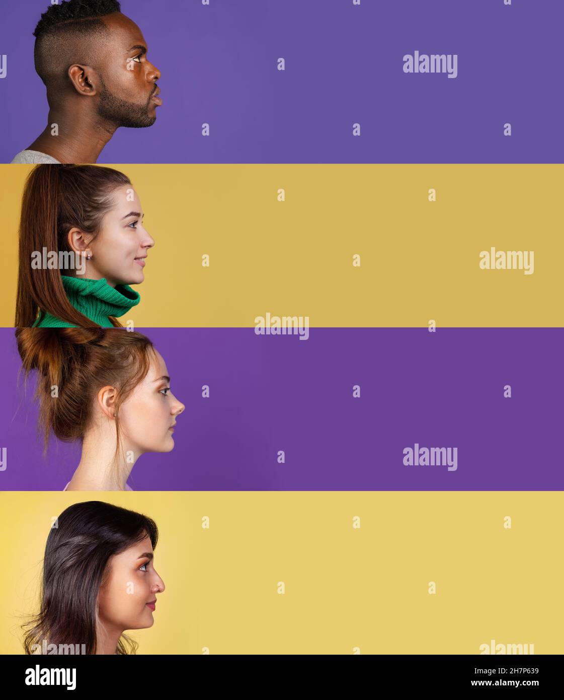 Composite image with portraits multiethnic young people isolated on multicolored background. Side view Stock Photo