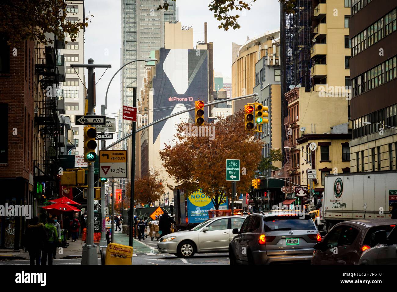 An unfinished billboard in Midtown Manhattan in New York on Wednesday, November 17, 2021 advertising the iPhone 13. Apple announced Self Service Repair to allow owners of the 1Phone 12 and 13  to buy Apple parts, tools and manuals to repair their own iPhones.  (© Richard B. Levine) Stock Photo