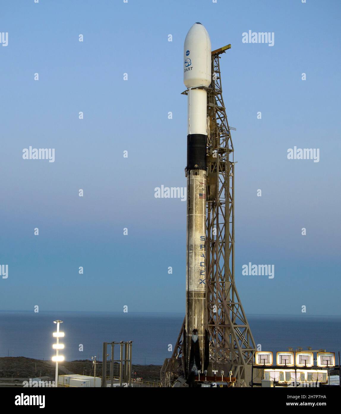 Vandenberg, United States Of America. 23rd Nov, 2021. Vandenberg, United States of America. 23 November, 2021. A SpaceX Falcon 9 booster rocket carrying the NASA planetary defense test mission, Double Asteroid Redirection Test, prepares for lift off from Space Launch Complex-4 at Vandenberg Space Force Base November 23, 2021 in Vandenberg, California. The DART spacecraft is designed to crash into an asteroid while traveling at a speed of 15,000 miles per hour to alter the path to prevent impact on Earth. Credit: Bill Ingalls/NASA/Alamy Live News Stock Photo