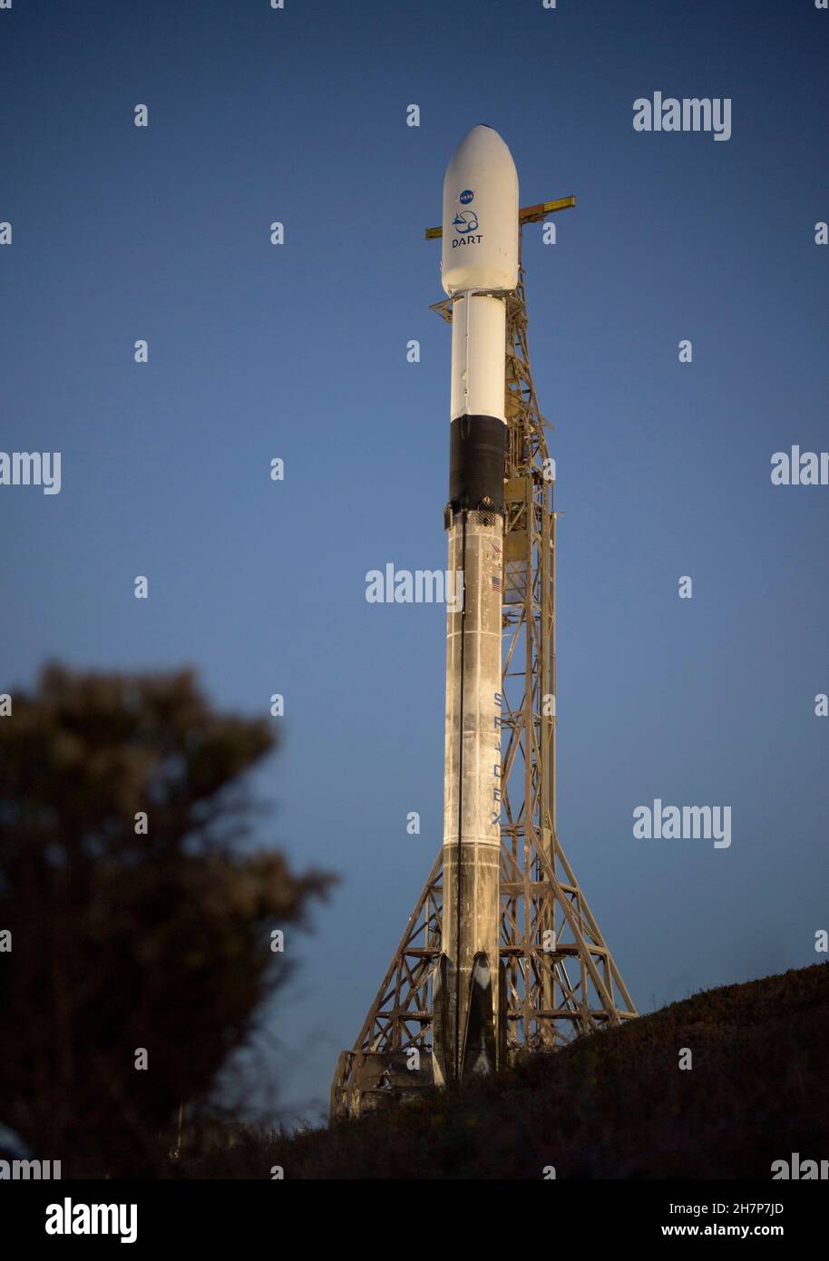 Vandenberg, United States Of America. 23rd Nov, 2021. Vandenberg, United States of America. 23 November, 2021. A SpaceX Falcon 9 booster rocket carrying the NASA planetary defense test mission, Double Asteroid Redirection Test, prepares for lift off from Space Launch Complex-4 at Vandenberg Space Force Base November 23, 2021 in Vandenberg, California. The DART spacecraft is designed to crash into an asteroid while traveling at a speed of 15,000 miles per hour to alter the path to prevent impact on Earth. Credit: Bill Ingalls/NASA/Alamy Live News Stock Photo