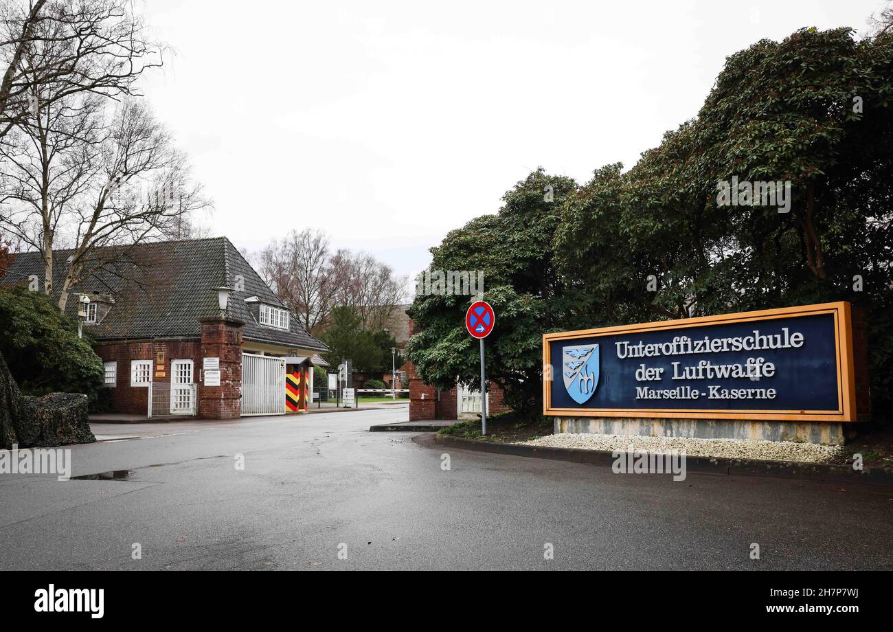 Appen, Germany. 24th Nov, 2021. A sign with the text 'Unteroffiziersschule der Luftwaffe - Marseille-Kaserne' (Air Force NCO School - Marseille Barracks) is seen next to the entrance to the barracks before the ceremony to rename the Marseille Barracks to Jürgen Schumann Barracks. Jürgen Schumann was murdered in 1977 as captain of the Lufthansa plane 'Landshut' during a hijacking in Aden. Credit: Christian Charisius/dpa/Alamy Live News Stock Photo
