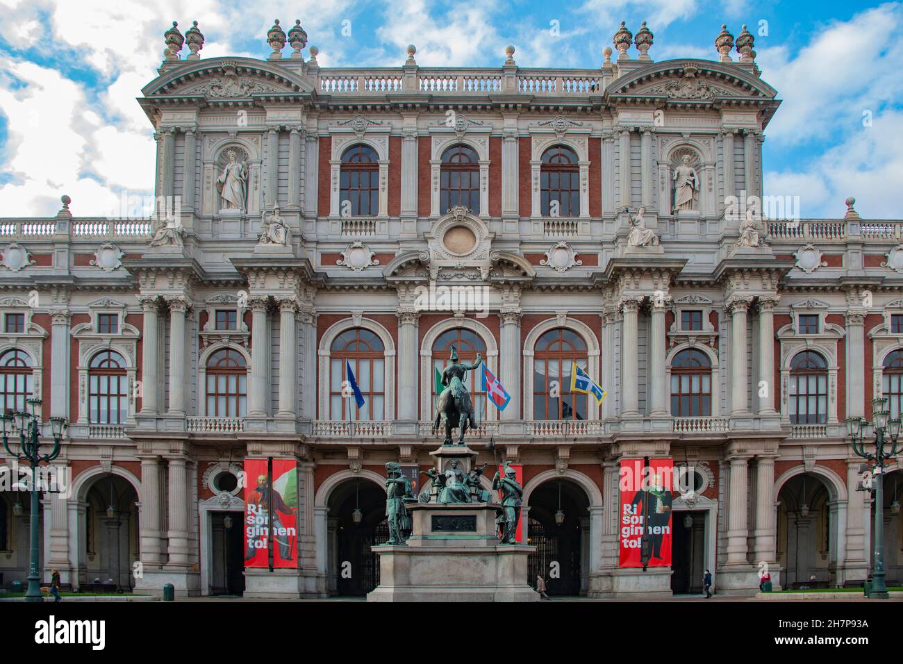 Beautiful architecture & ornate statues of the Piazza Carlo Alberto, Turin, Piedmont, Italy Stock Photo