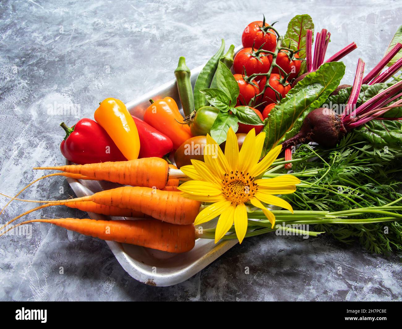 fresh raw vegetables cherry tomatoes, bell peppers, carrots, beets, okra Stock Photo