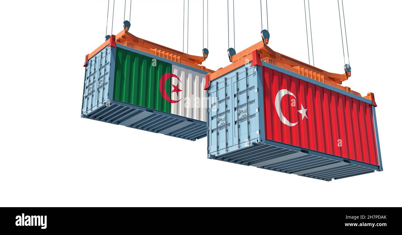 Freight containers with Algeria and Turkey national flags. 3D Rendering Stock Photo