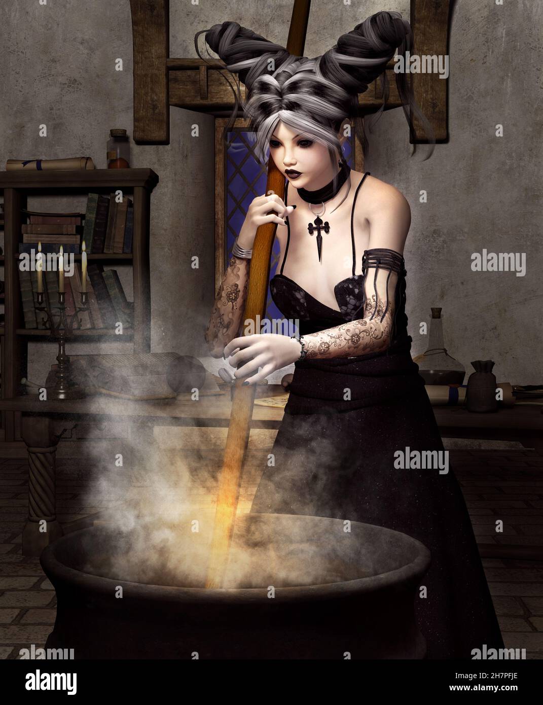 Beautiful witch preparing a magic blend Stock Photo