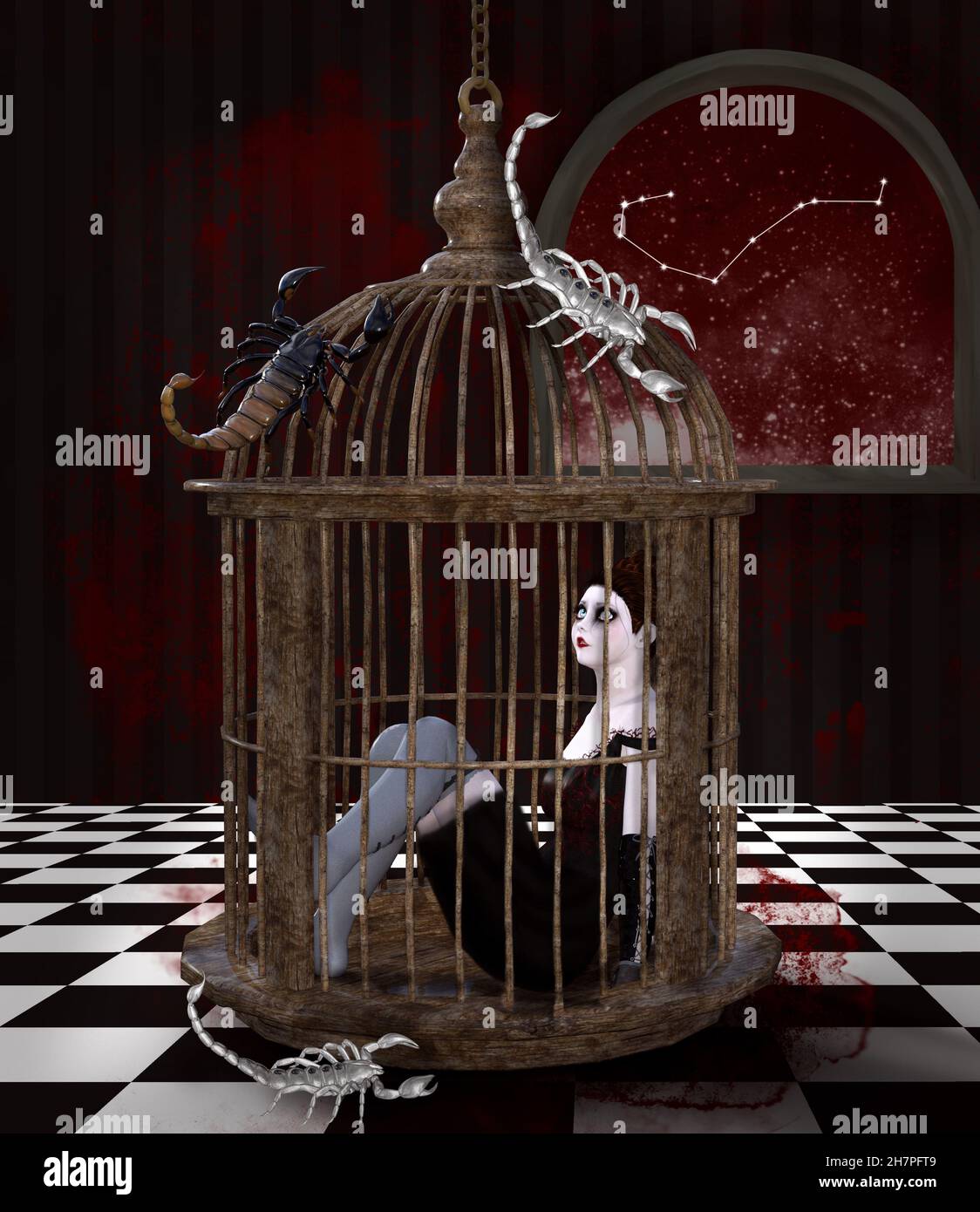 Zodiac series - Scorpio as a gothic girl locked in a cage with scorpions all around Stock Photo