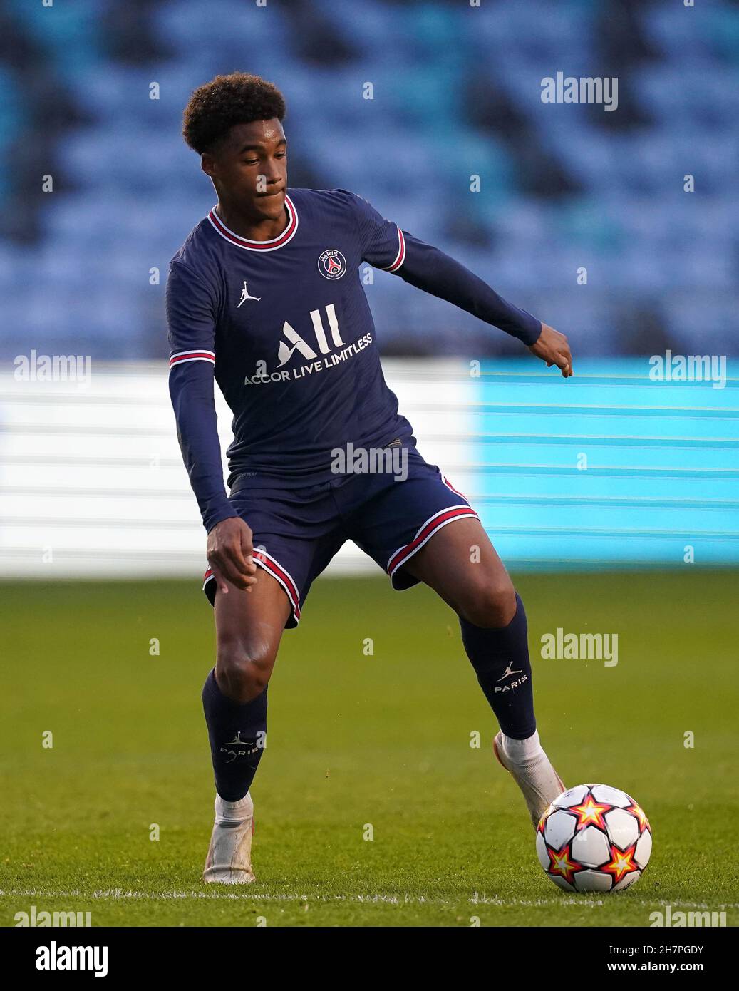 Paris Saint Germain's Wilson Odobert during the UEFA Youth League, Group A  match at the Manchester City Academy Stadium, Manchester. Picture date:  Wednesday November 24, 2021 Stock Photo - Alamy