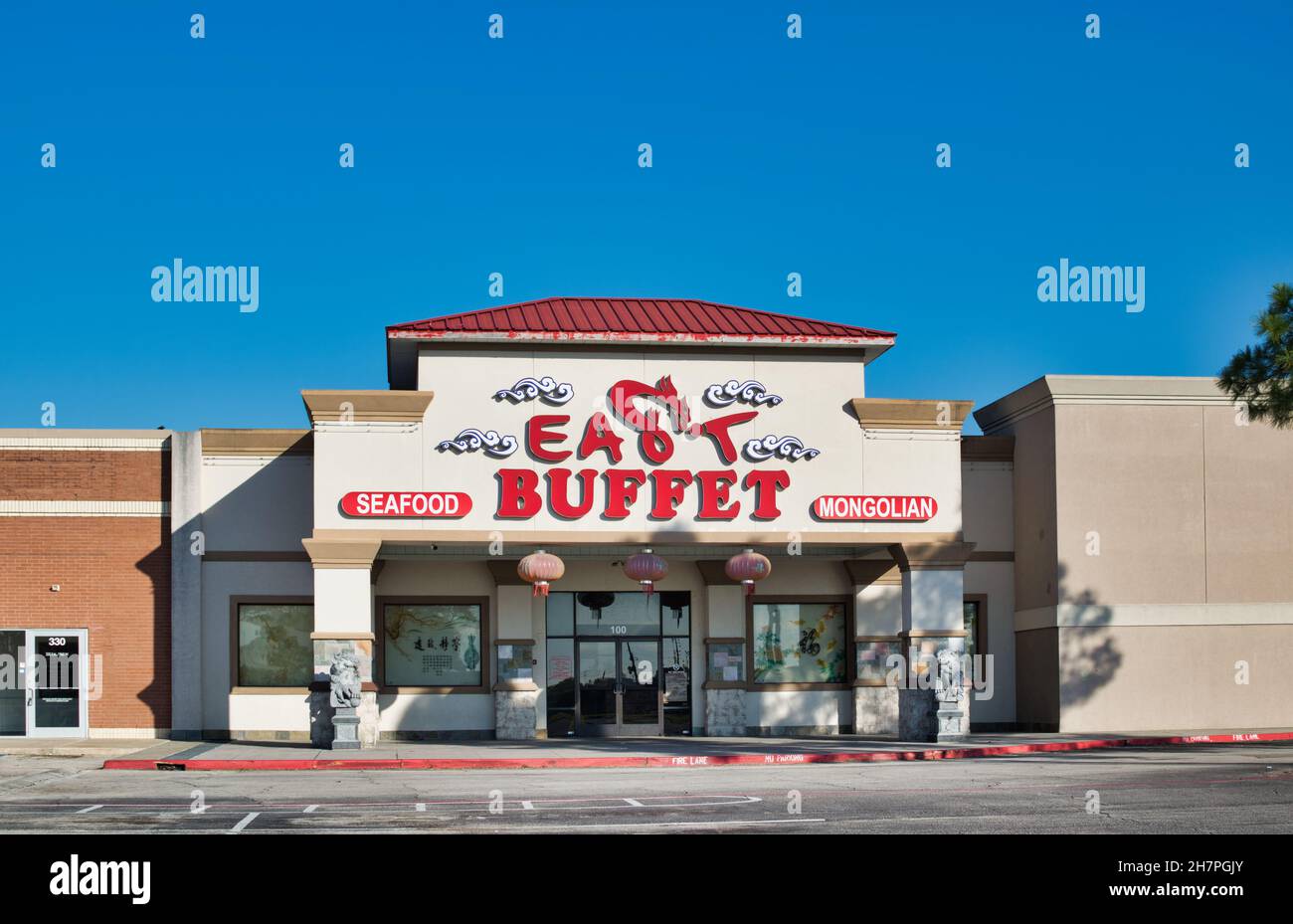 Houston, Texas USA 11-12-2021: East Buffet storefront main entrance in Houston TX. Chinese food and Mongolian grill restaurant with copy space. Stock Photo