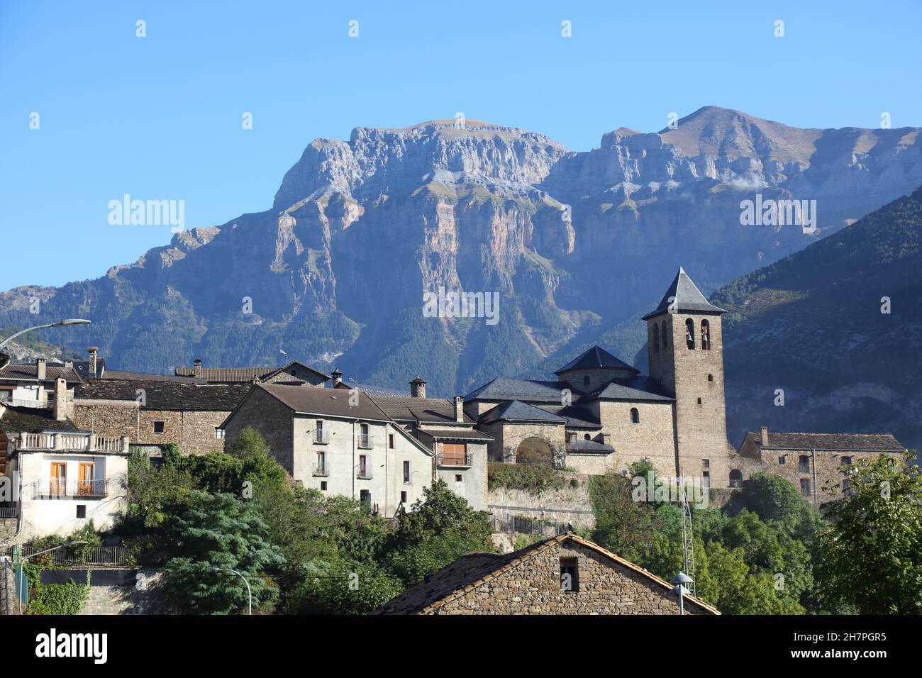 Torla town in Pyrenees mountains, Spain. Ordesa y Monte Perdido National Park. Stock Photo