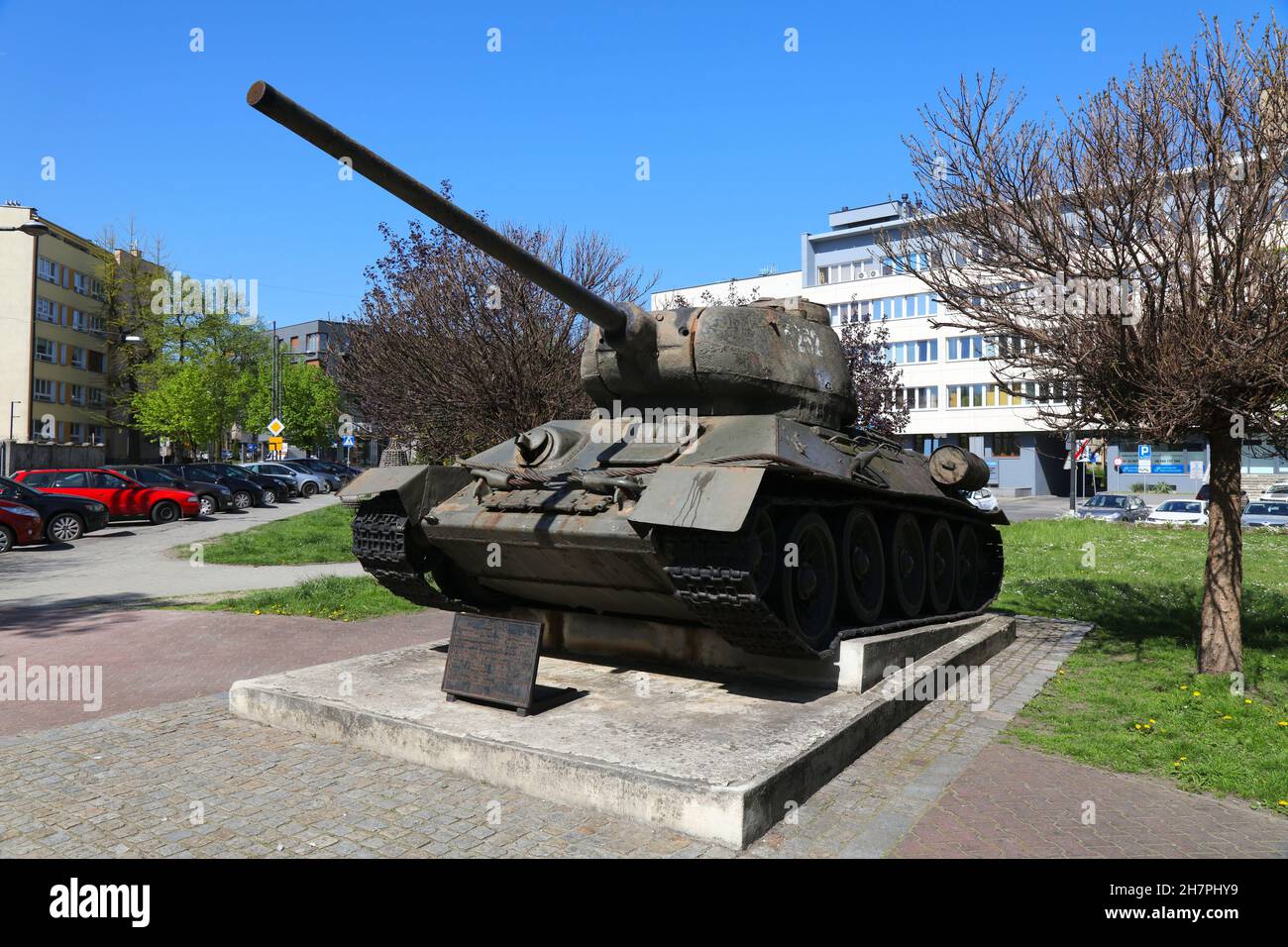 GLIWICE, POLAND - MAY 11, 2021: Historic T-34 tank monument in Gliwice city in Poland, one of largest cities of Upper Silesian metropolitan area. Stock Photo