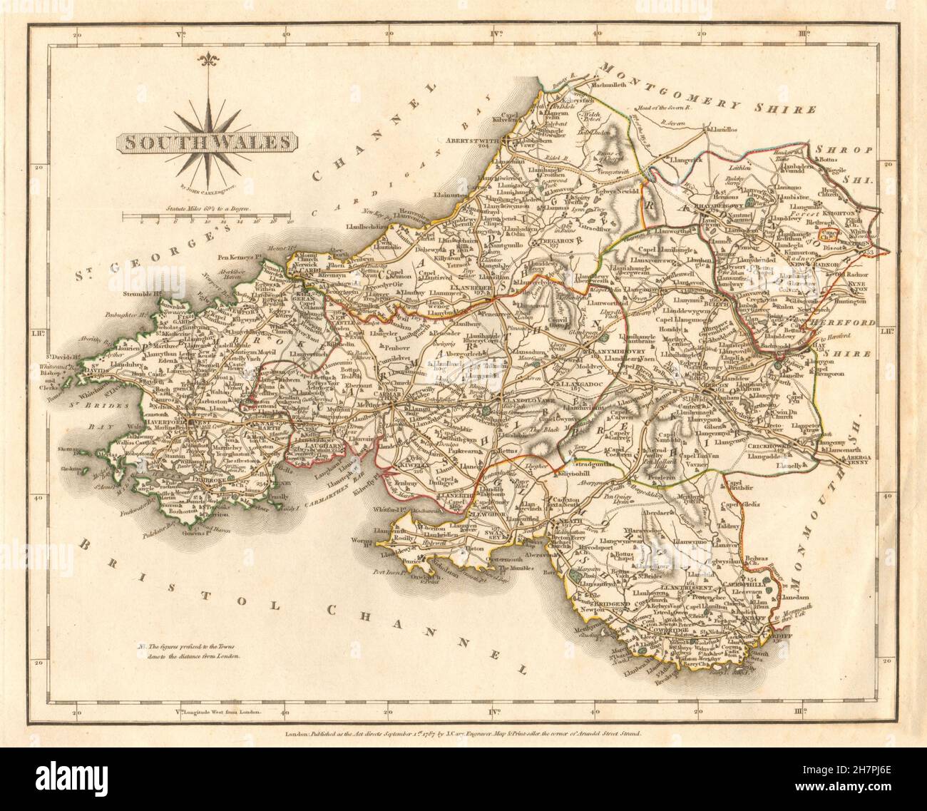 Map Of South Wales Antique Map Of South Wales By John Cary. Original Outline Colour, 1787  Stock Photo - Alamy
