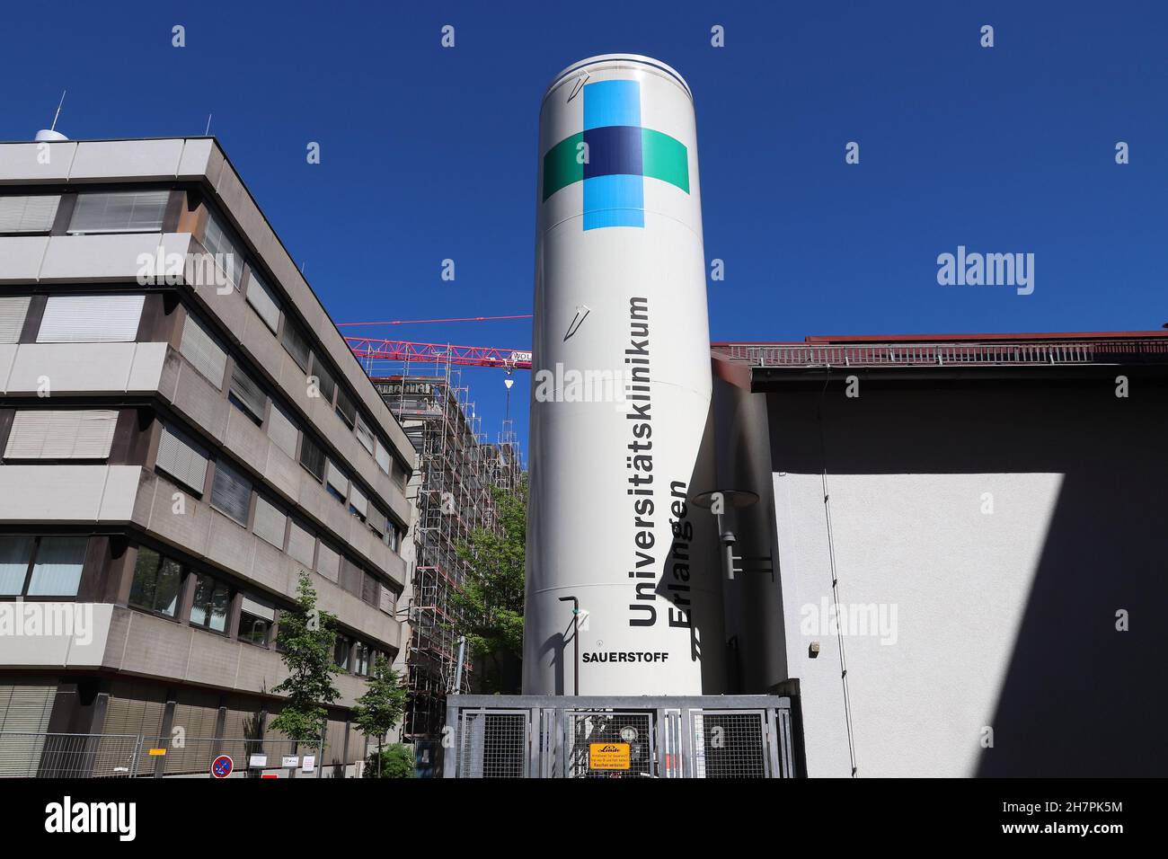 ERLANGEN, GERMANY - MAY 6, 2018: External liquid oxygen supply tank at Erlangen University Hospital (Universitatsklinikum Erlangen) in Germany. It is Stock Photo
