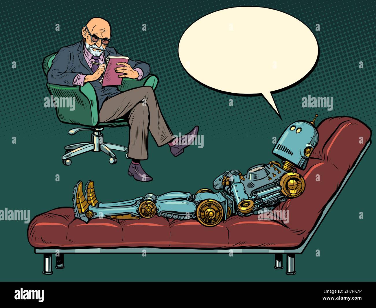 A male psychotherapist at a psychotherapy session, listens to a robot patient, sits in a chair and makes notes in a notebook Stock Vector