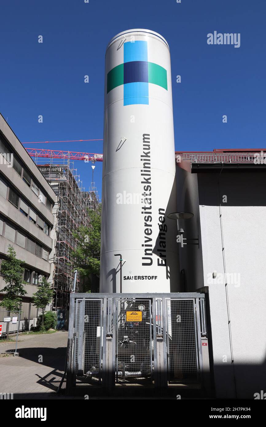ERLANGEN, GERMANY - MAY 6, 2018: Liquid oxygen supply tank at Erlangen University Hospital (Universitatsklinikum Erlangen) in Germany. It is part of F Stock Photo