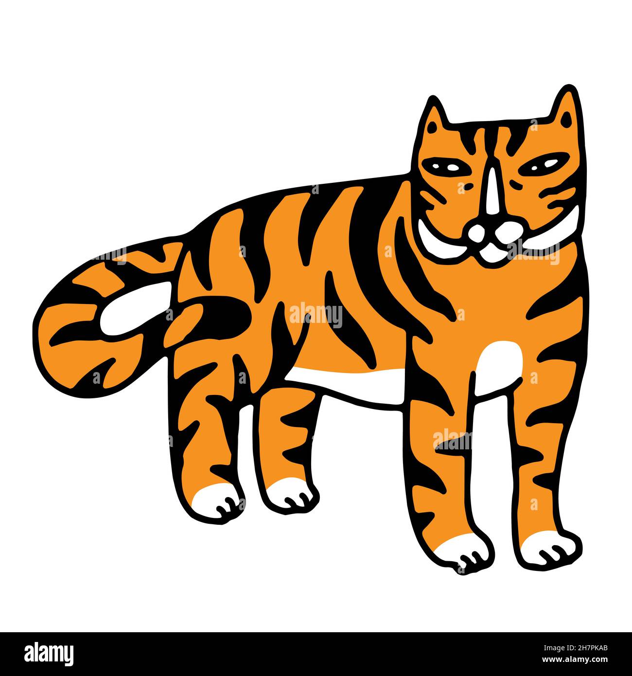 Tiger in a doodle cartoon style. Cute hand drawn tiger cub. Vector color outline illustration, isolated on a white background Stock Vector