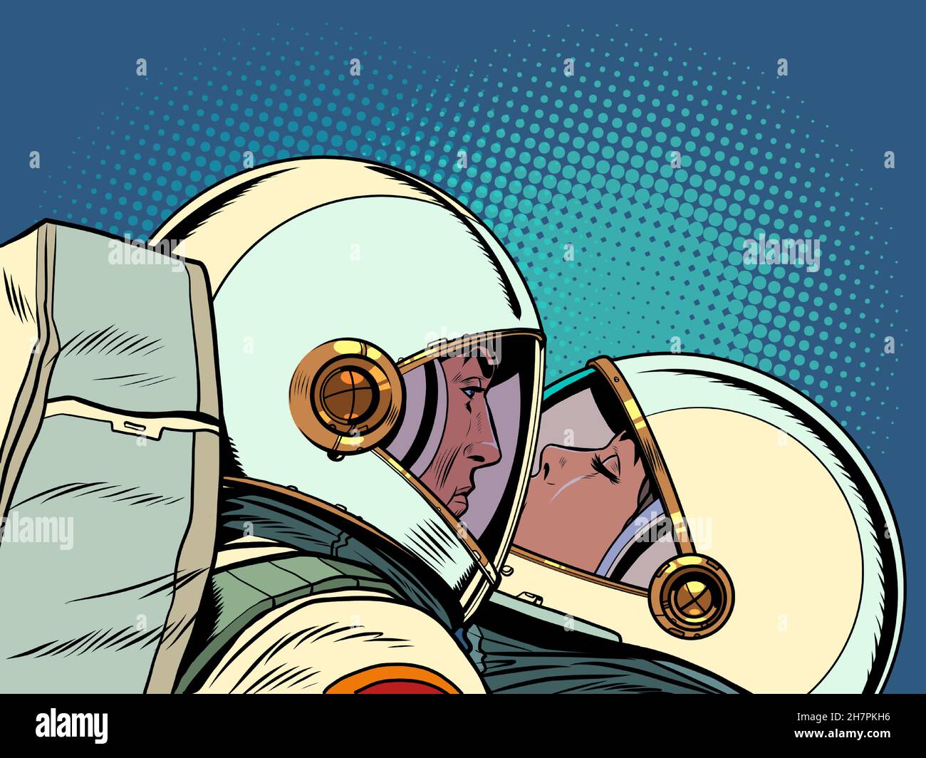 kiss astronauts men and women. A couple in love. Husband and wife Stock Vector