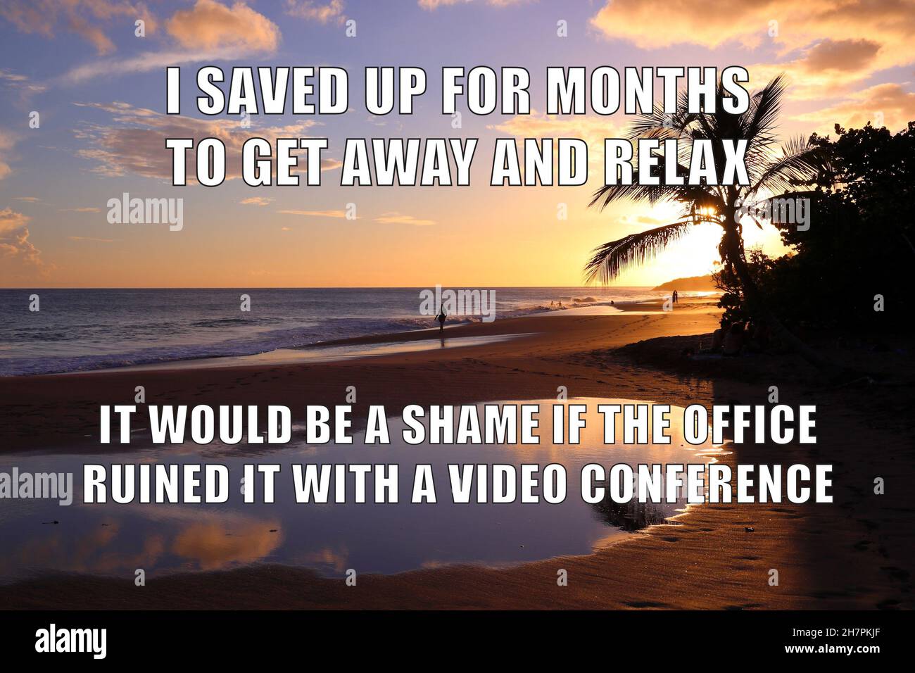 Vacation vs work stress funny meme for social media sharing. Office video  conferencing vs relax - workplace memes Stock Photo - Alamy
