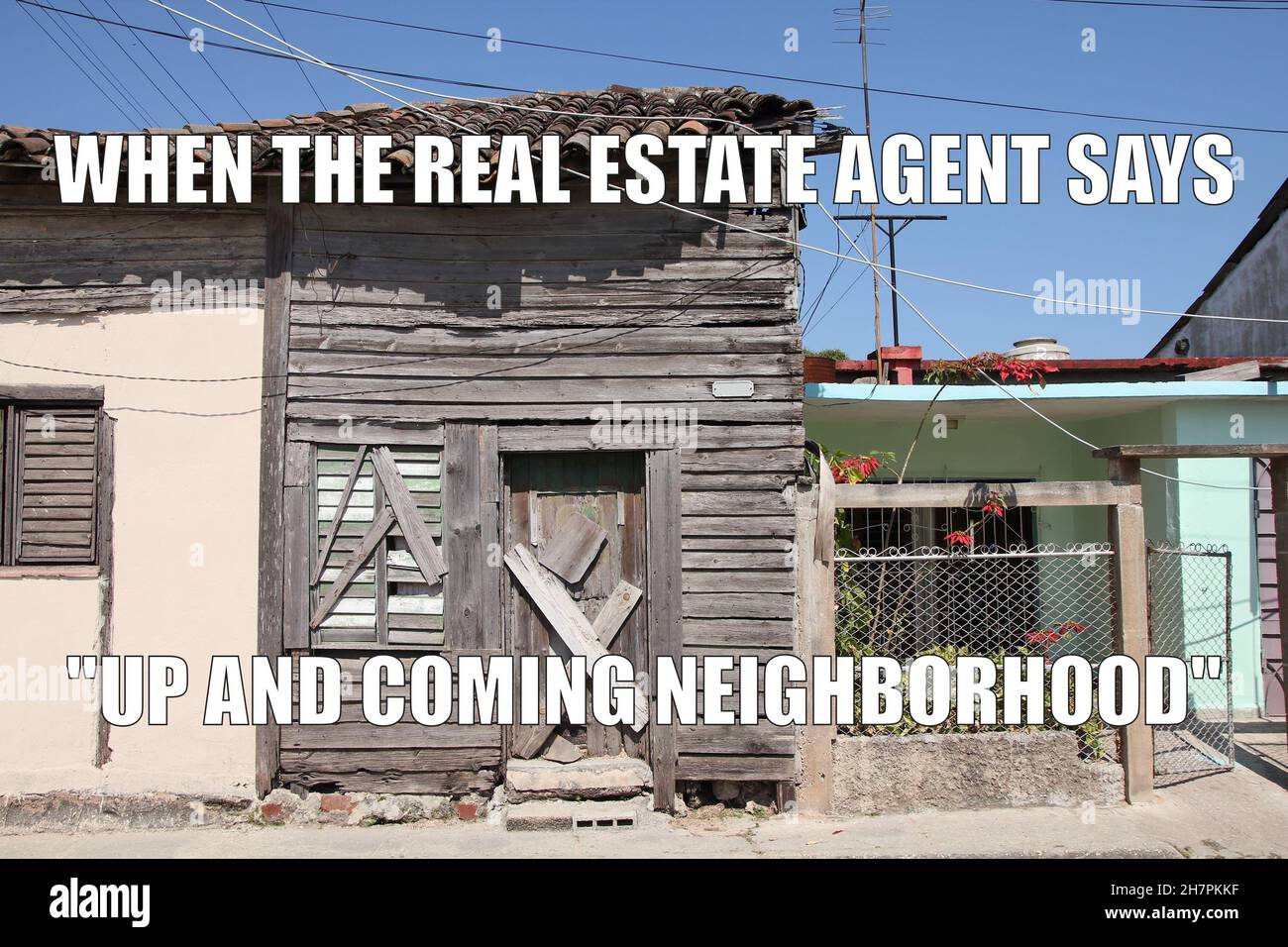 Real estate funny meme for social media sharing. Real estate agency ad  language euphemisms Stock Photo - Alamy, image size:1300x956