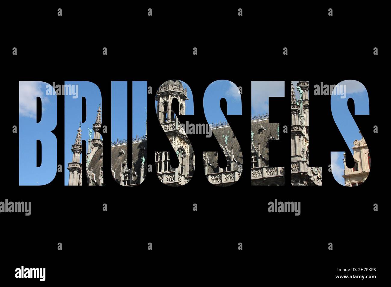 Brussels, Belgium - city name text with photo in background. Stock Photo