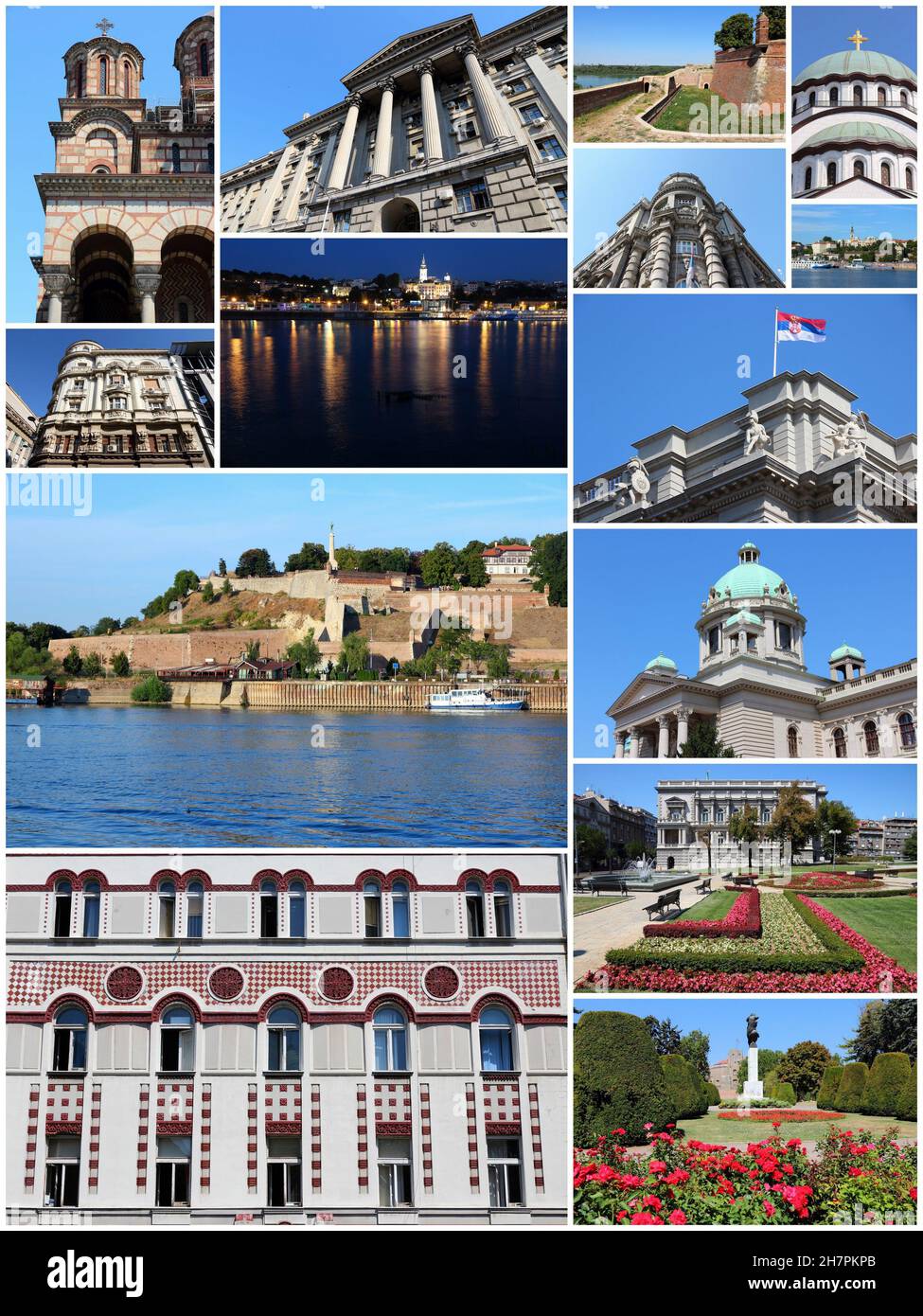 Belgrade, Serbia travel photo collage. Set includes major landmarks like Sava River skyline, Parliament and Cathedral. Stock Photo