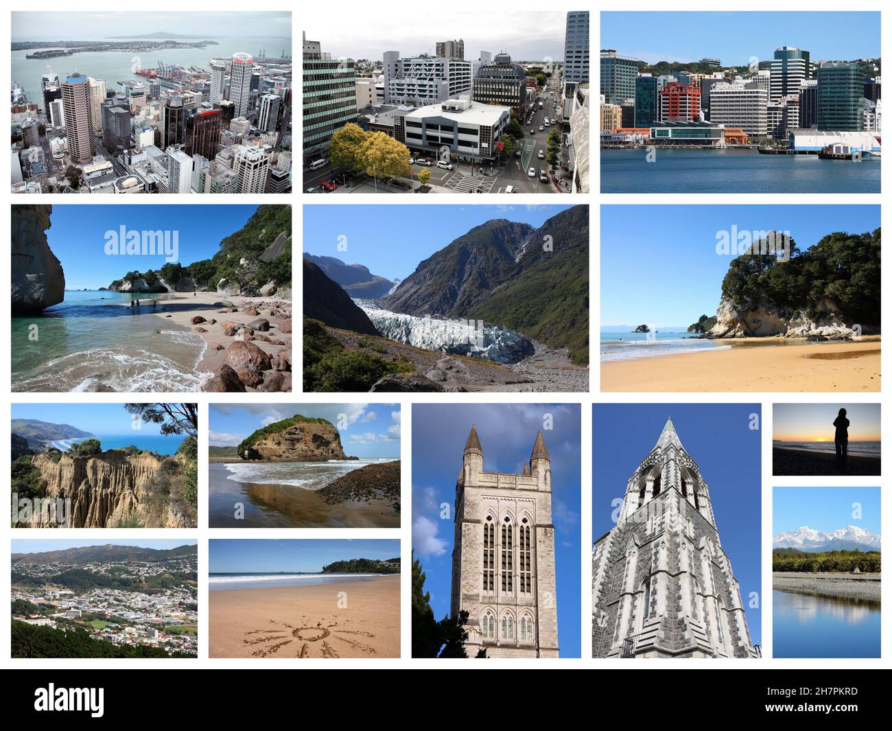 New Zealand landmarks travel photo collage with Auckland, Wellington, Christchurch, beaches