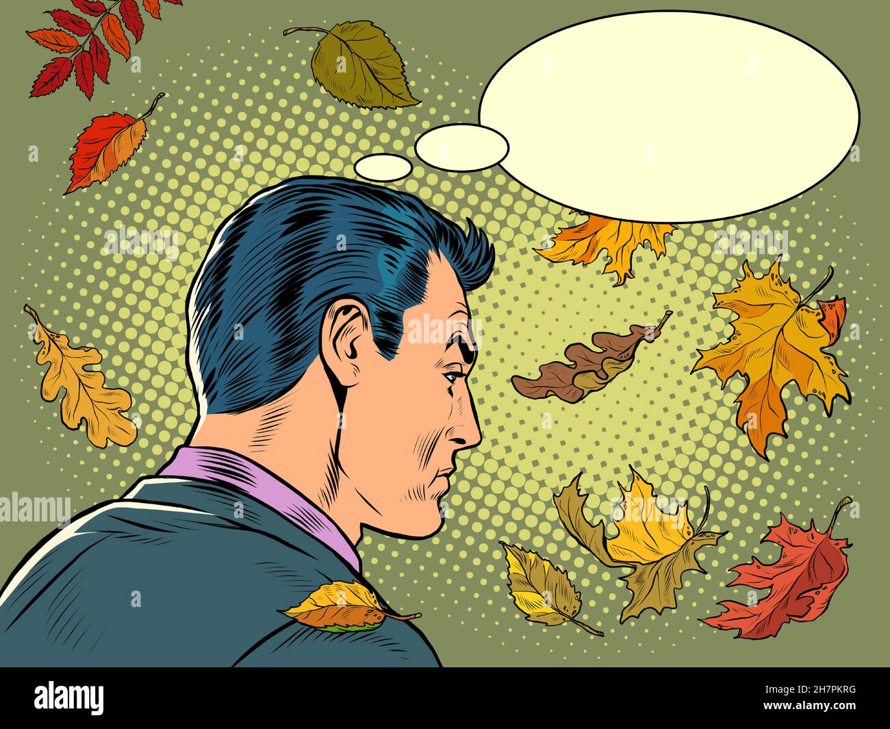 Autumn melancholy. A sad businessman reflects. An emotional moment at work. Loneliness and stress Stock Vector