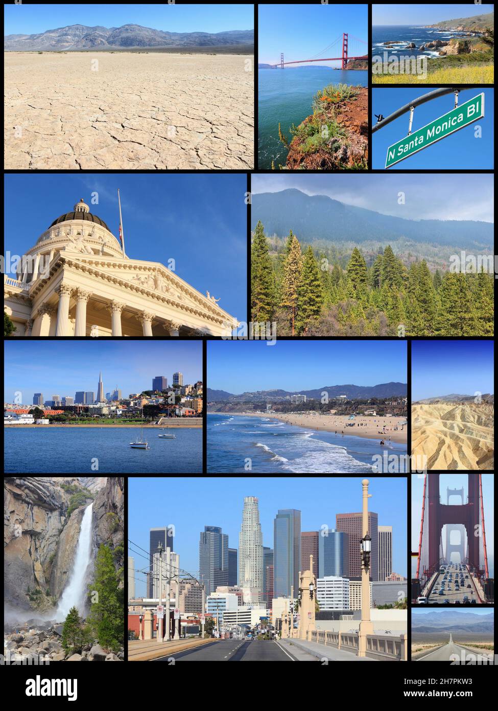 California landmark photos collage with Los Angeles, San Francisco, Sacramento, Death Valley, Yosemite and Pacific Coast. Stock Photo