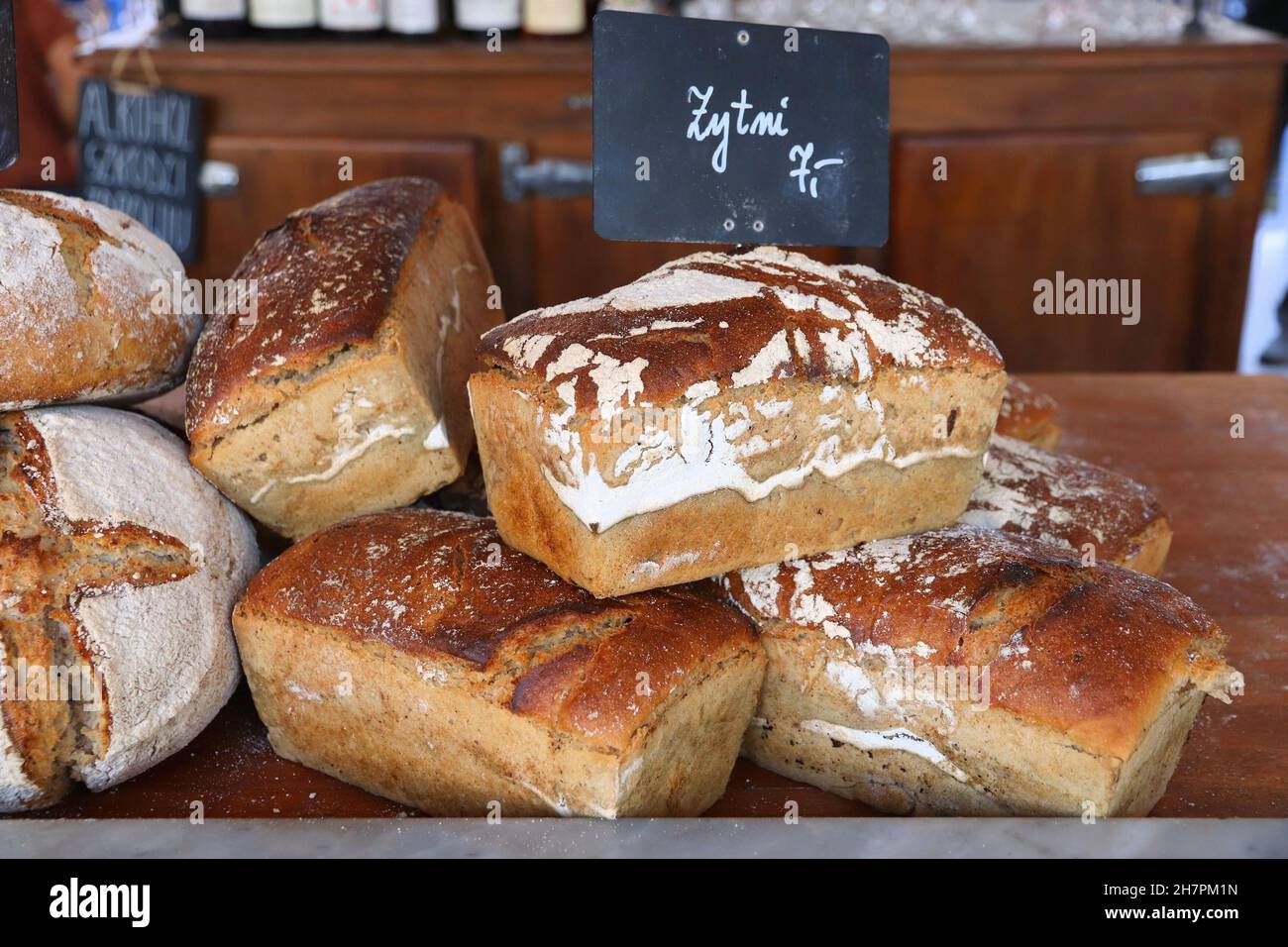 Artisanal bakery products in Poland. Polish rye sourdough bread (Polish language: Razowy). Stock Photo
