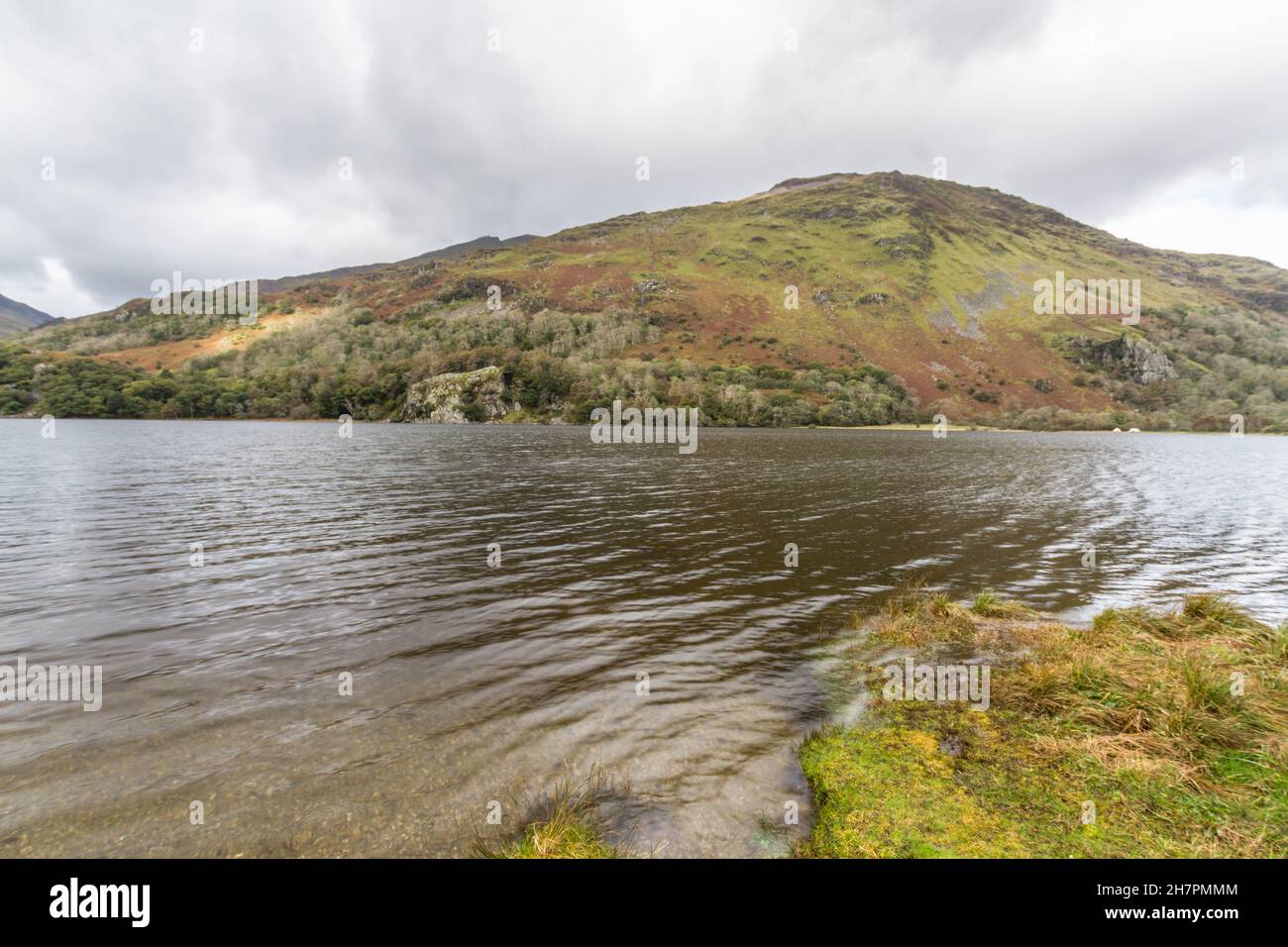 Llyn or Lake Gwynant in Nant Gwynant Pass. Snowdonia, Wales, landscape. Stock Photo