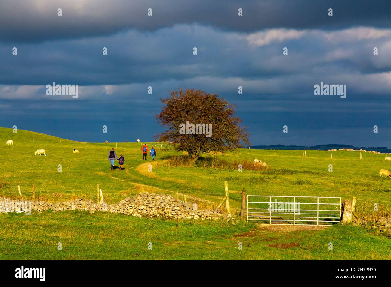 Family walking on Middleton Moor near Middleton by Wirksworth close to the High Peak Trail in the Derbyshire Dales Peak District England UK Stock Photo