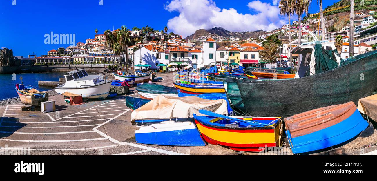 Charming traditional fishing village Camara de Lobos. Popular tourist destination .Madeira island travel and landmarks. Portugal Stock Photo