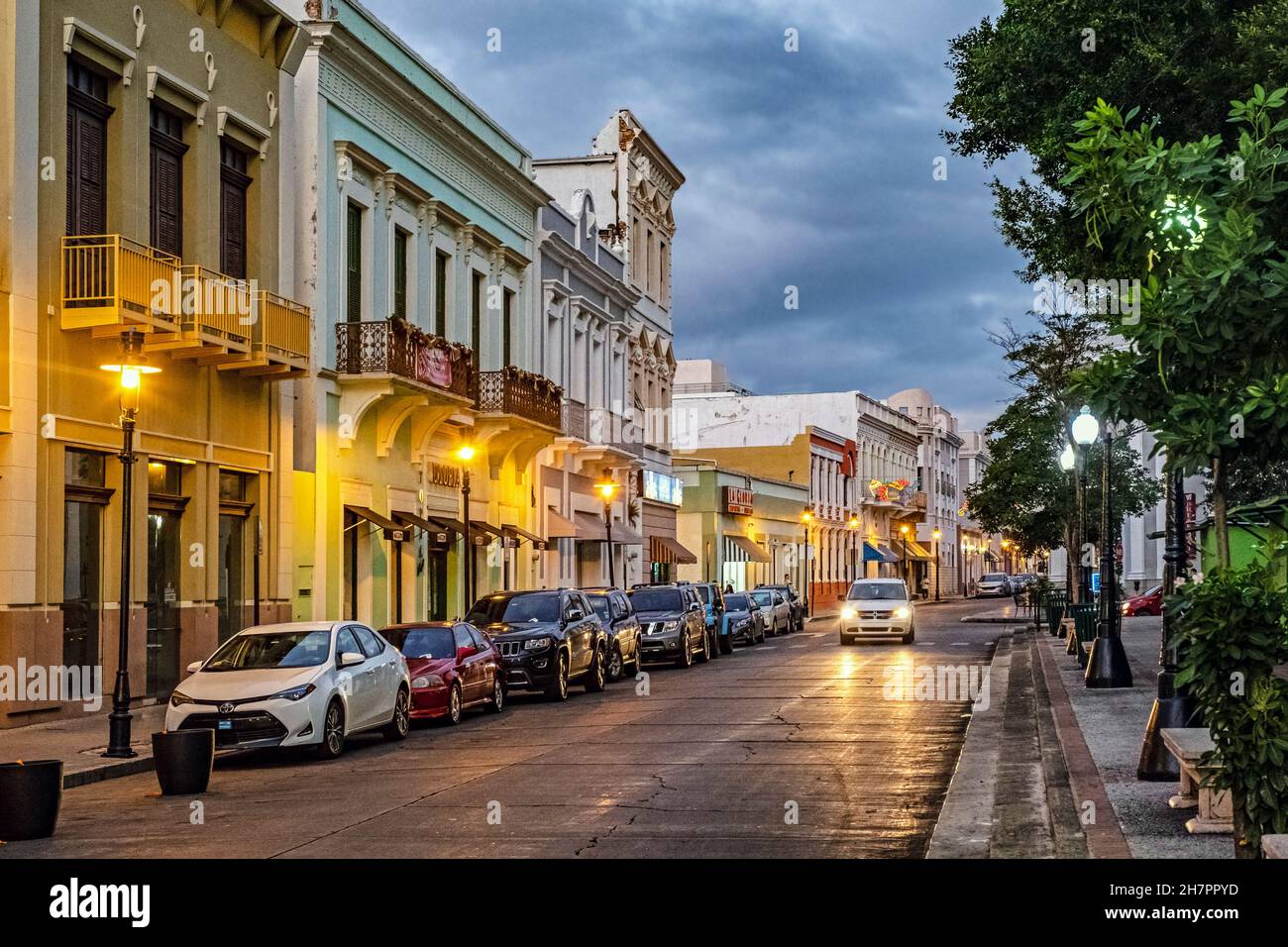 Buildings in Spanish colonial style in the Historic Zone of the city Ponce at night, southern Puerto Rico, Greater Antilles, Caribbean Stock Photo