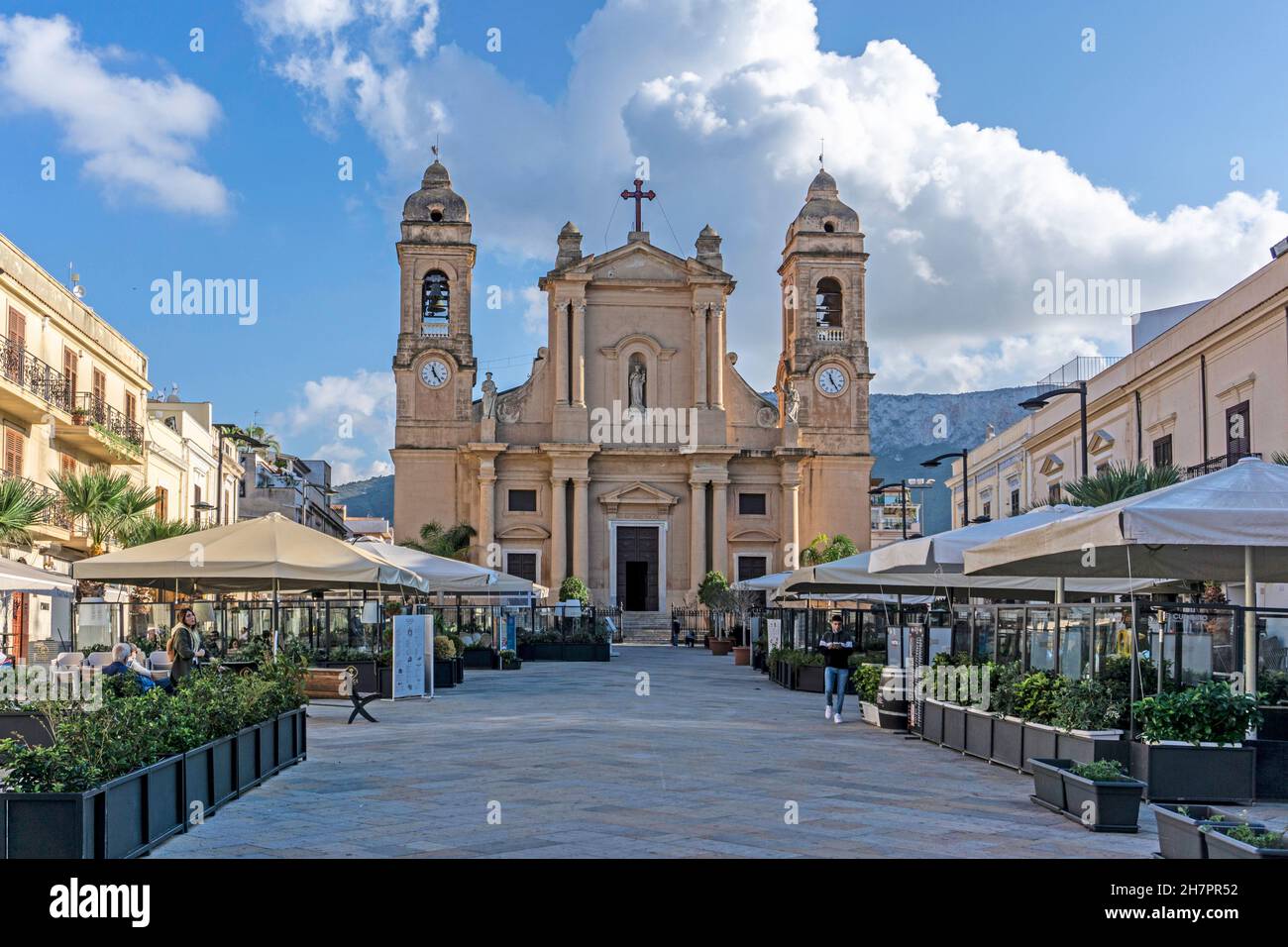 Piazza Duomo in Terrasini, Sicily, Italy. The central square in the town leading to the church of Saint Maria Santissima delle Grazie. Stock Photo