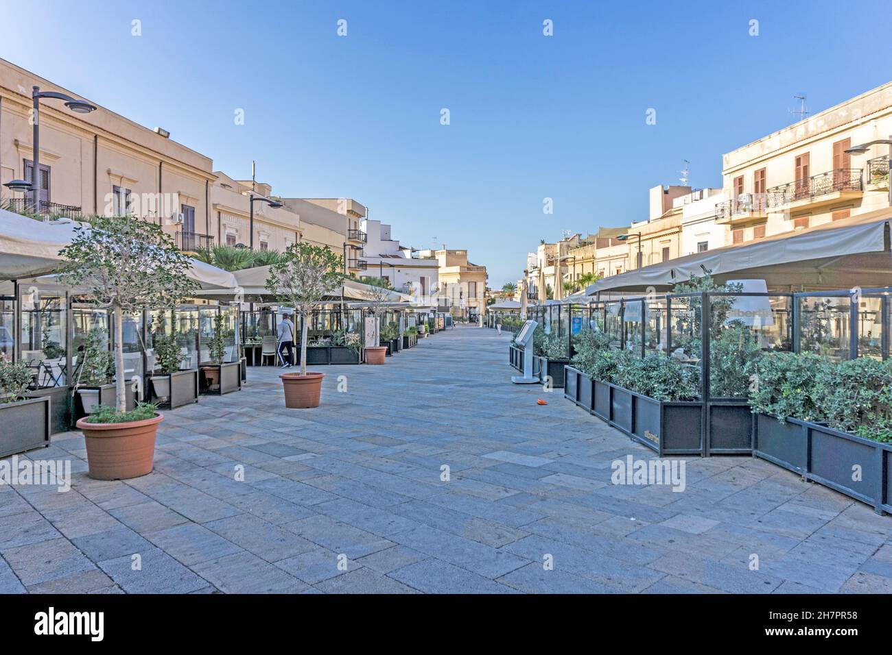 The Piazza Duomo in Terrasini, Sicily, Italy. The central square in the town and the main hospitality area. Stock Photo