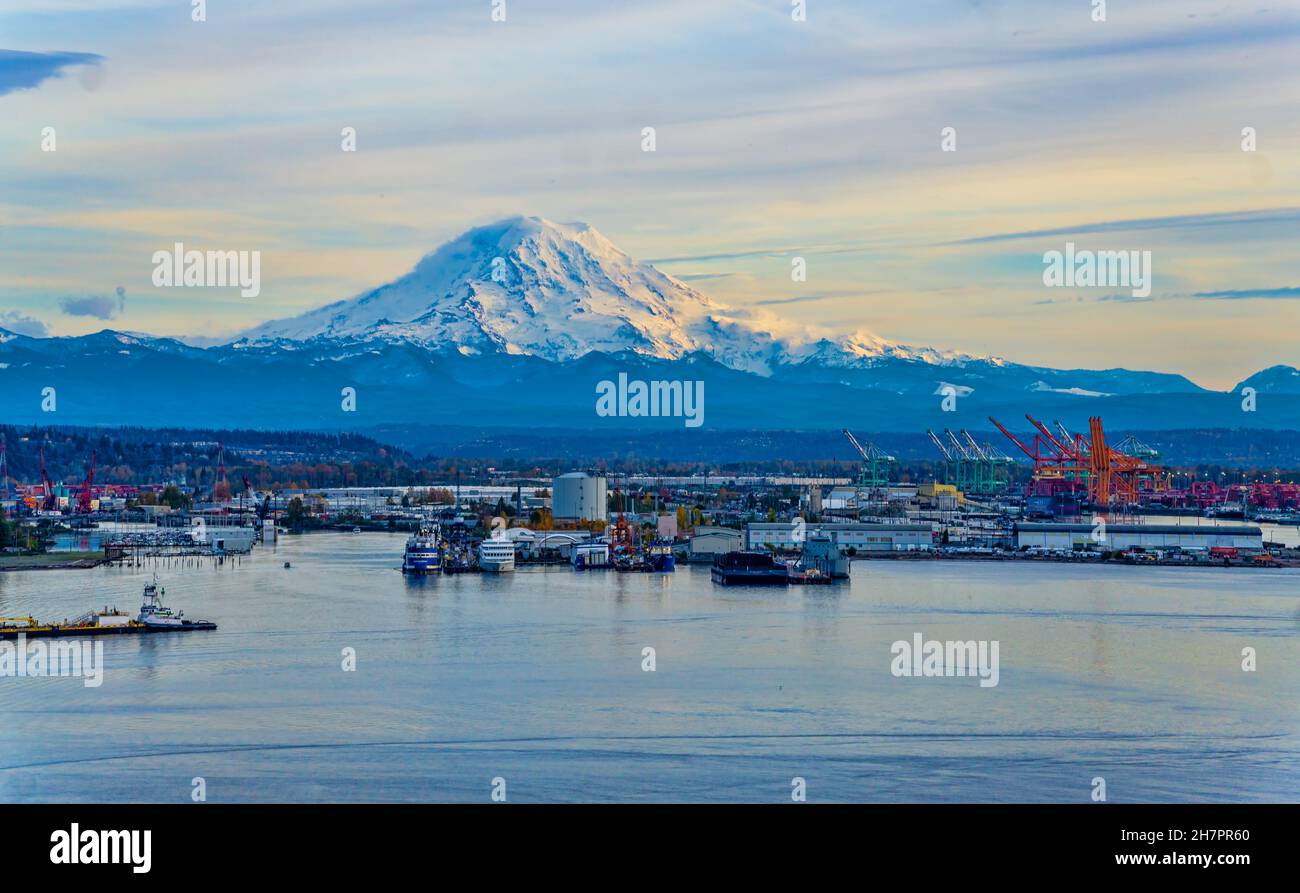 The Port of Tacoma and Mount Rainier in Washington State Stock Photo ...