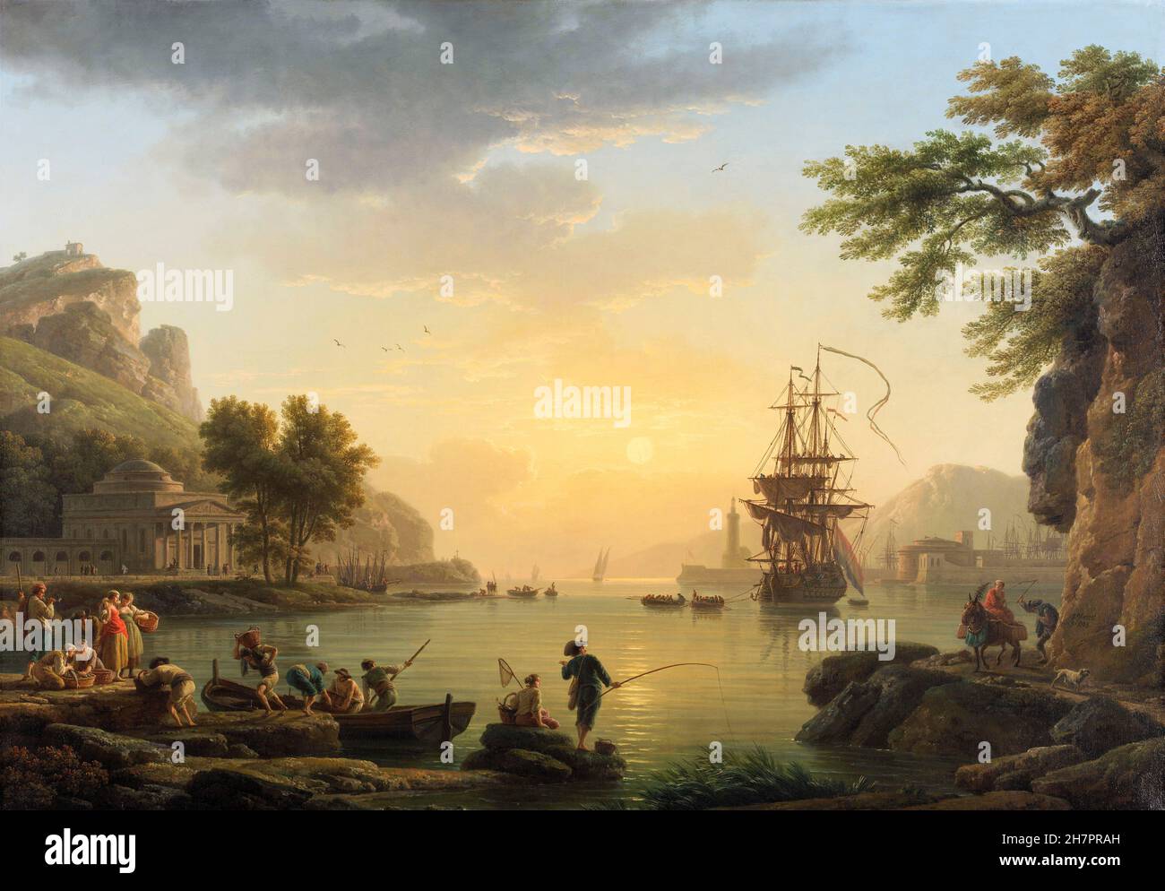 Joseph Vernet. Painting entitled 'A Landscape at Sunset with Fishermen returning with their Catch ('Calme')'  by  Claude-Joseph Vernet (1714-1789), oil on canvas, 1773 Stock Photo
