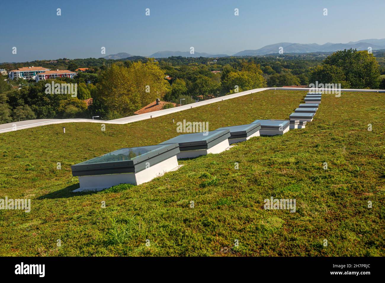 Green roof on an ecological tertiary building (Aquitaine, France). Stock Photo