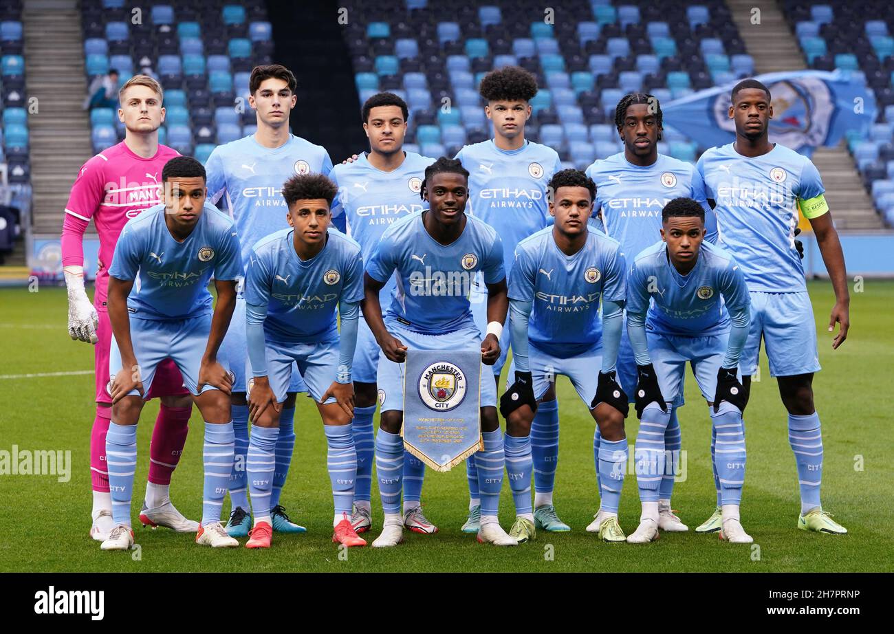 Back row, left to right, Mikki van Sas, Finley Burns, Conrad Egan-Riley, Nico O'Reilly, Josh Wilson-Esbrand and Luke Mbete-Tabu. Front row, left to right, Shea Charles, Rico Lewis, Romeo Lavia, Oscar Bobb and Kayky of Manchester City before the UEFA Youth League, Group A match at the Manchester City Academy Stadium, Manchester. Picture date: Wednesday November 24, 2021. Stock Photo
