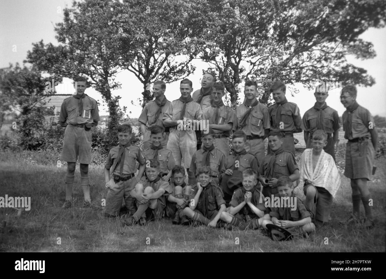 1938, historical, Scout Camp, group picture of scout masters, scouts and cub scouts outside at Atherfield, Isle of Wright, England UK. Stock Photo