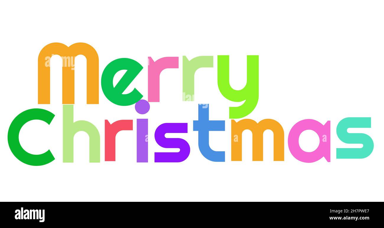 Colorful merry christmas greeting text font on plain white background Stock Photo