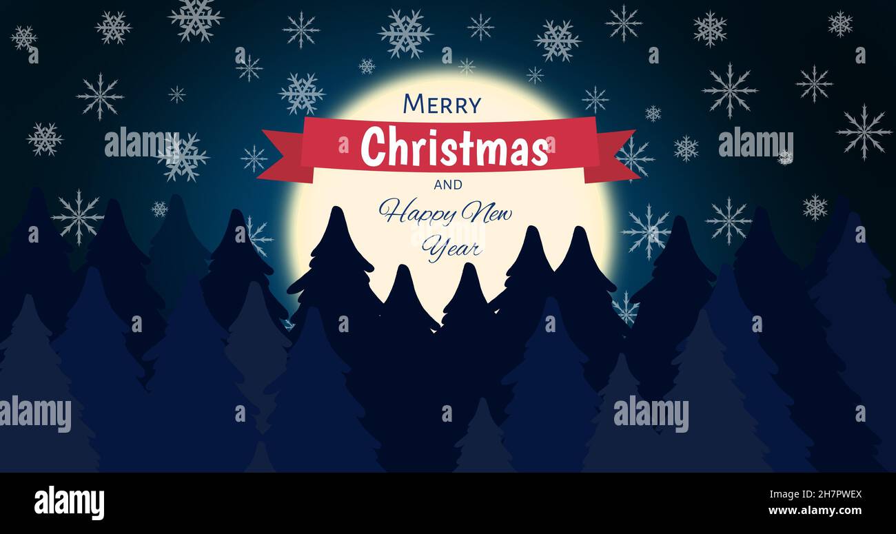 Merry christmas and new year greeting on moon amidst snowflakes over silhouette trees at night Stock Photo