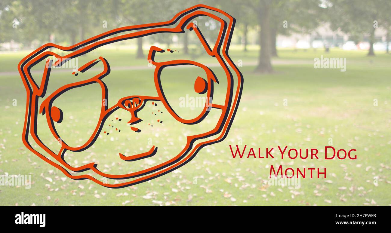 Digital composite image of face illustration by walk your dog month text at park Stock Photo