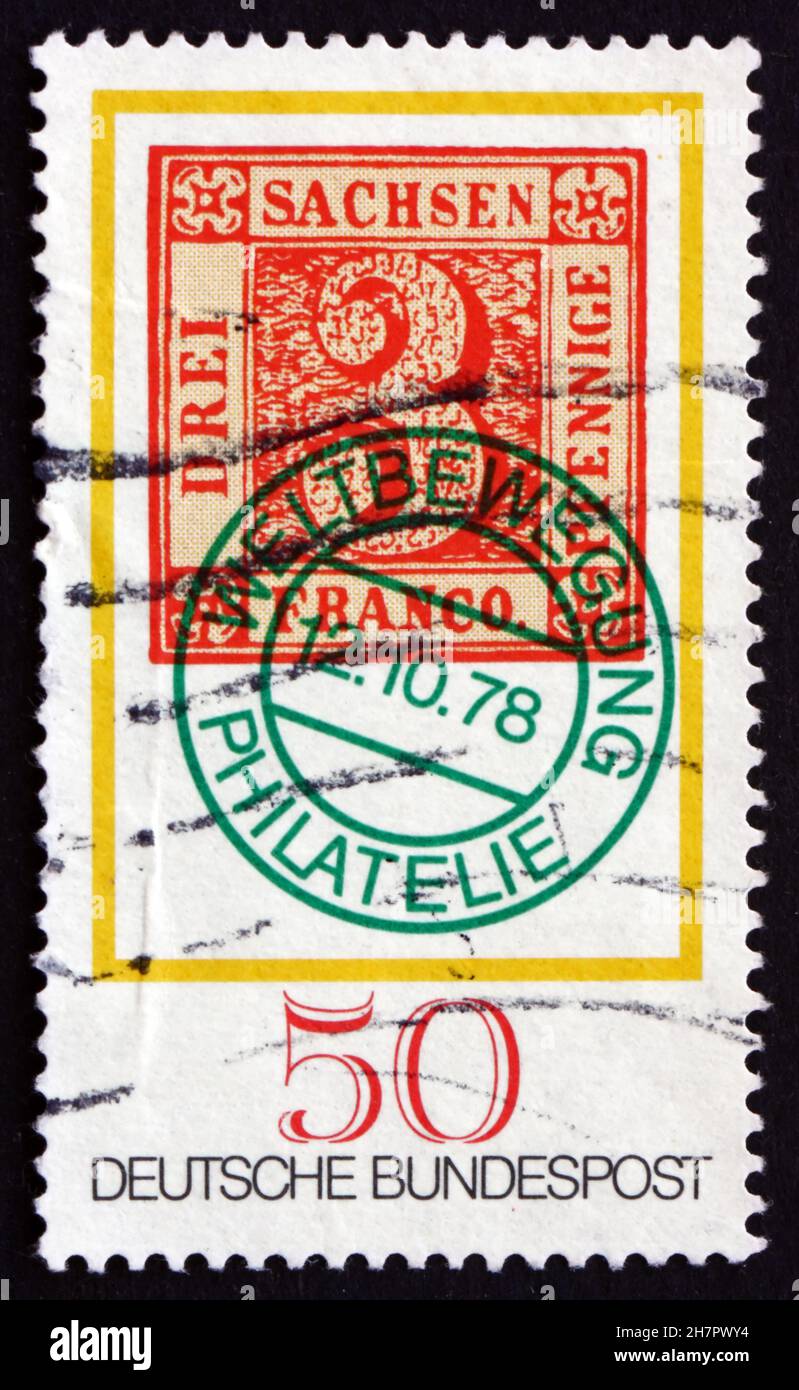 GERMANY - CIRCA 1978: a stamp printed in the Germany shows Saxony No. 1 Stamp with World Philatelic Movement Cancel, Stamp Day, circa 1978 Stock Photo