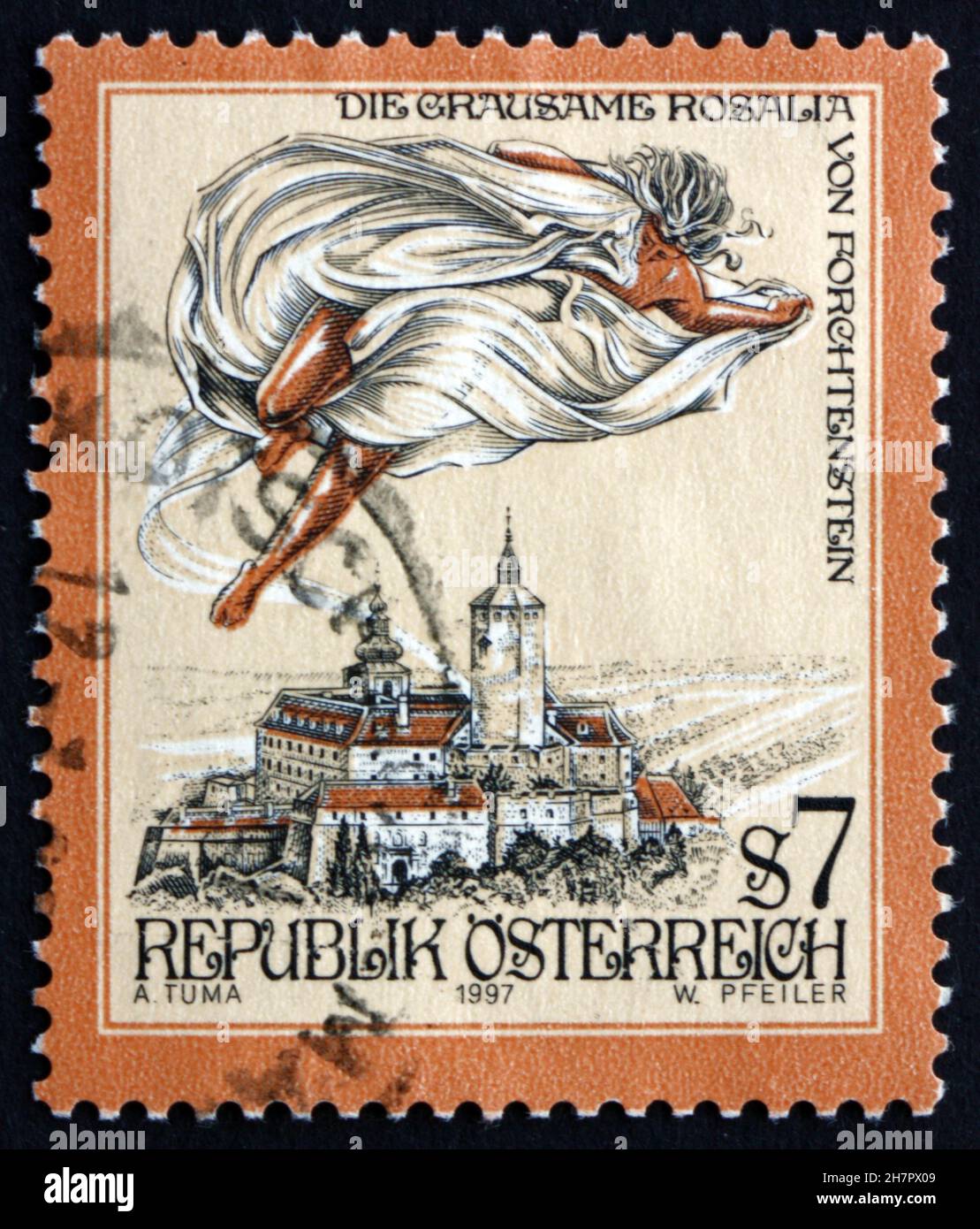 AUSTRIA - CIRCA 1997: a stamp printed in the Austria shows The Cruel Lady of Forchtenstein Castle, Burgenland, circa 1997 Stock Photo