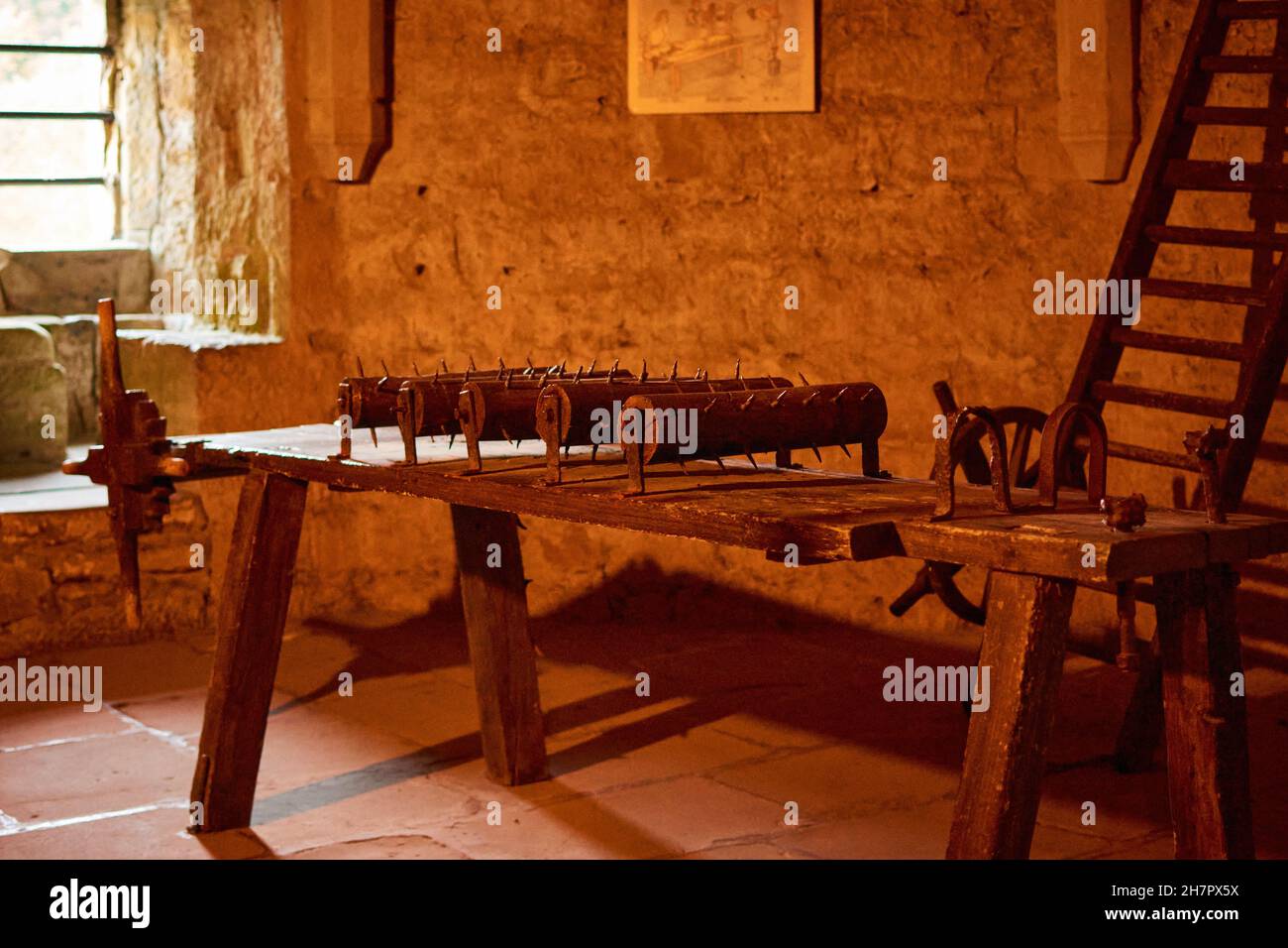 Close-up shot of a historical torture chamber in Beaufort Castle ...